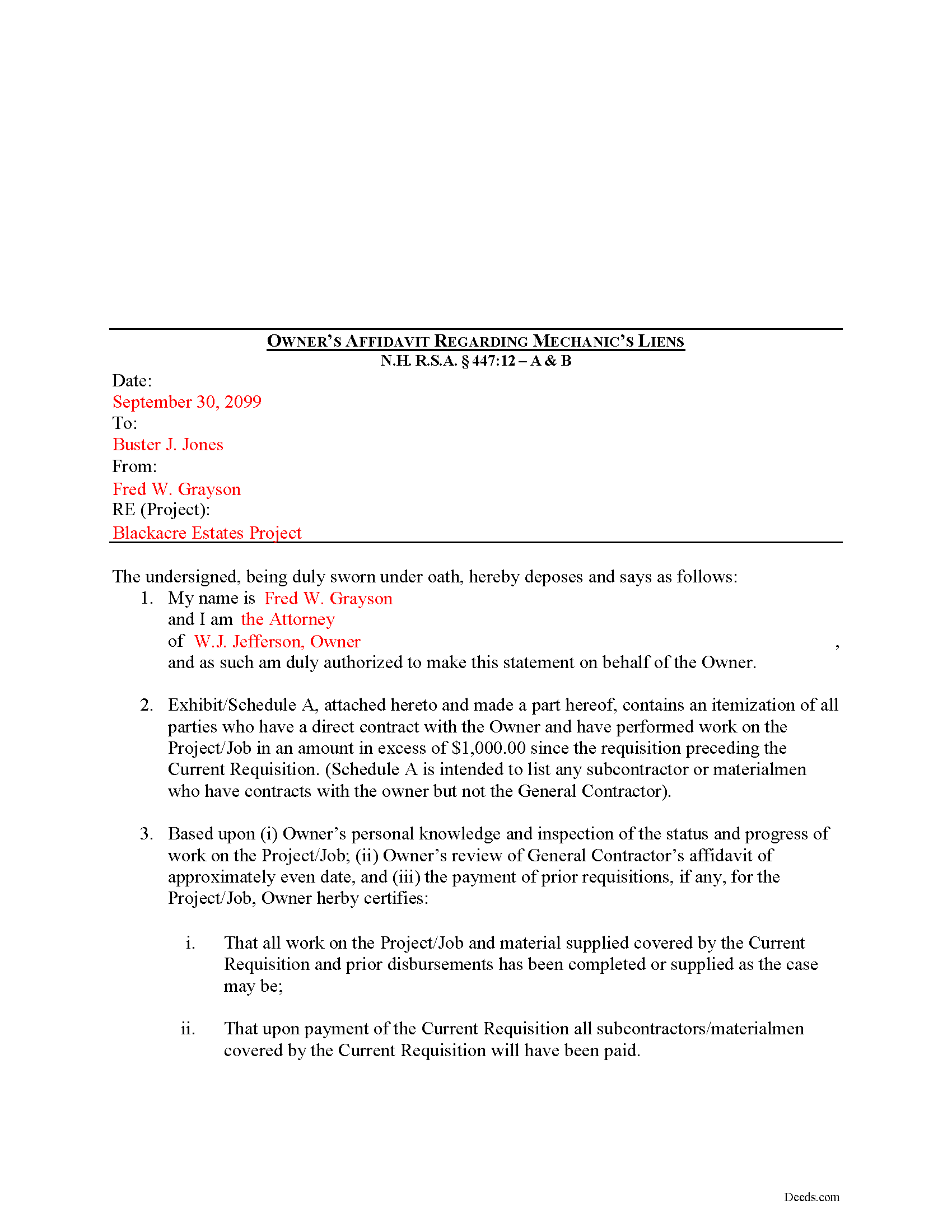 Merrimack County Completed Example of the Owners Affidavit Document