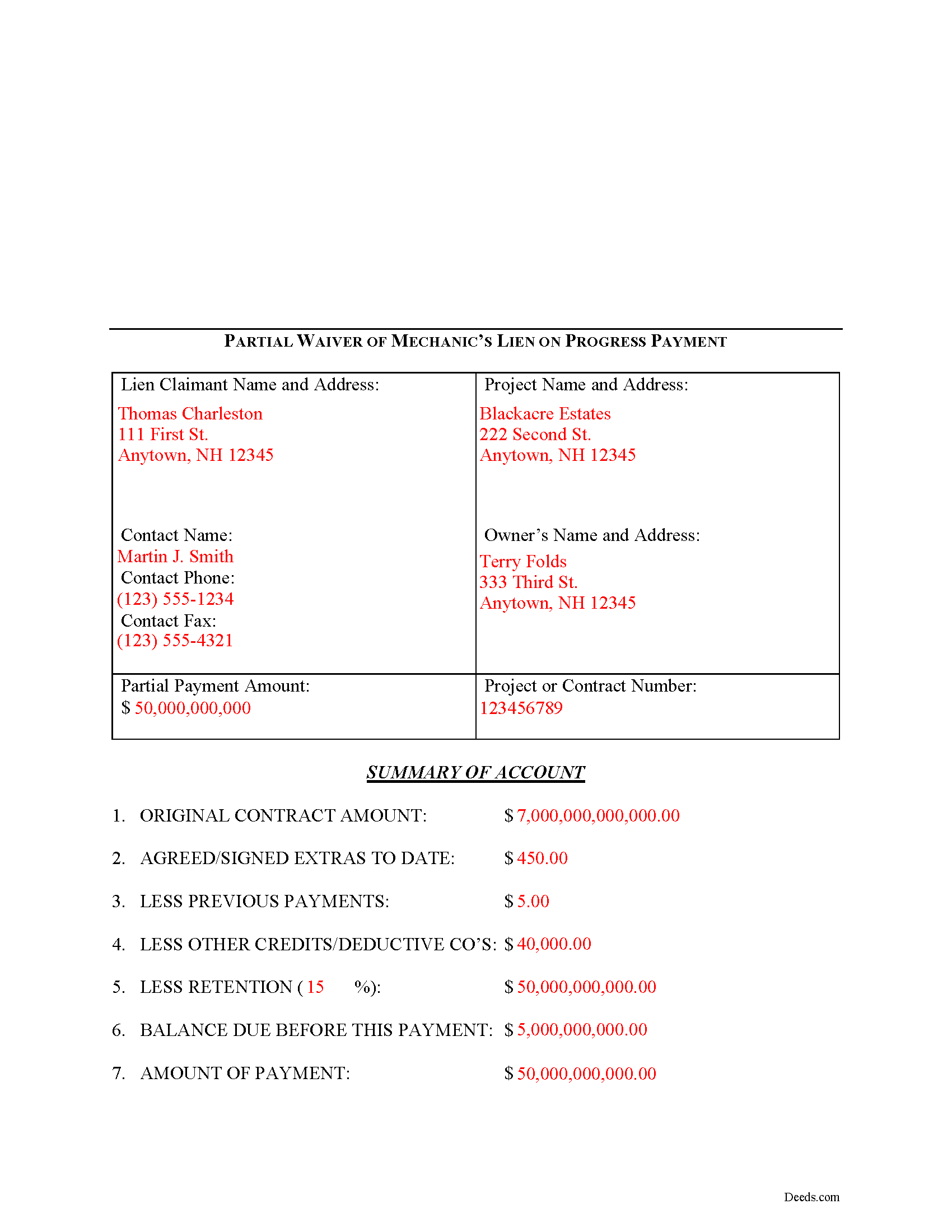 Completed Example of the Partial Lien Waiver Document