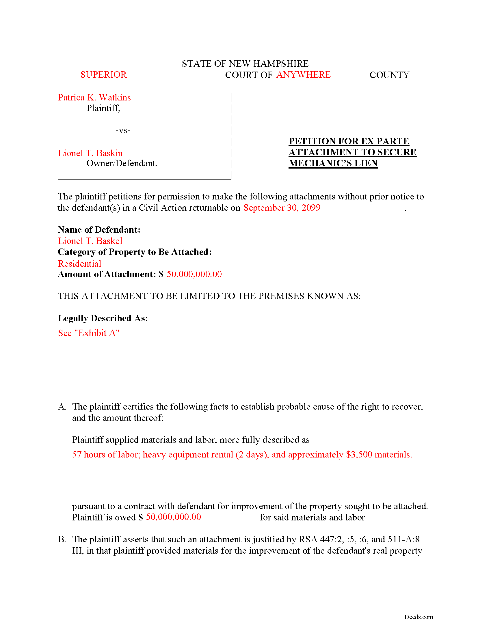 Completed Example of the Petition for Attachment Document