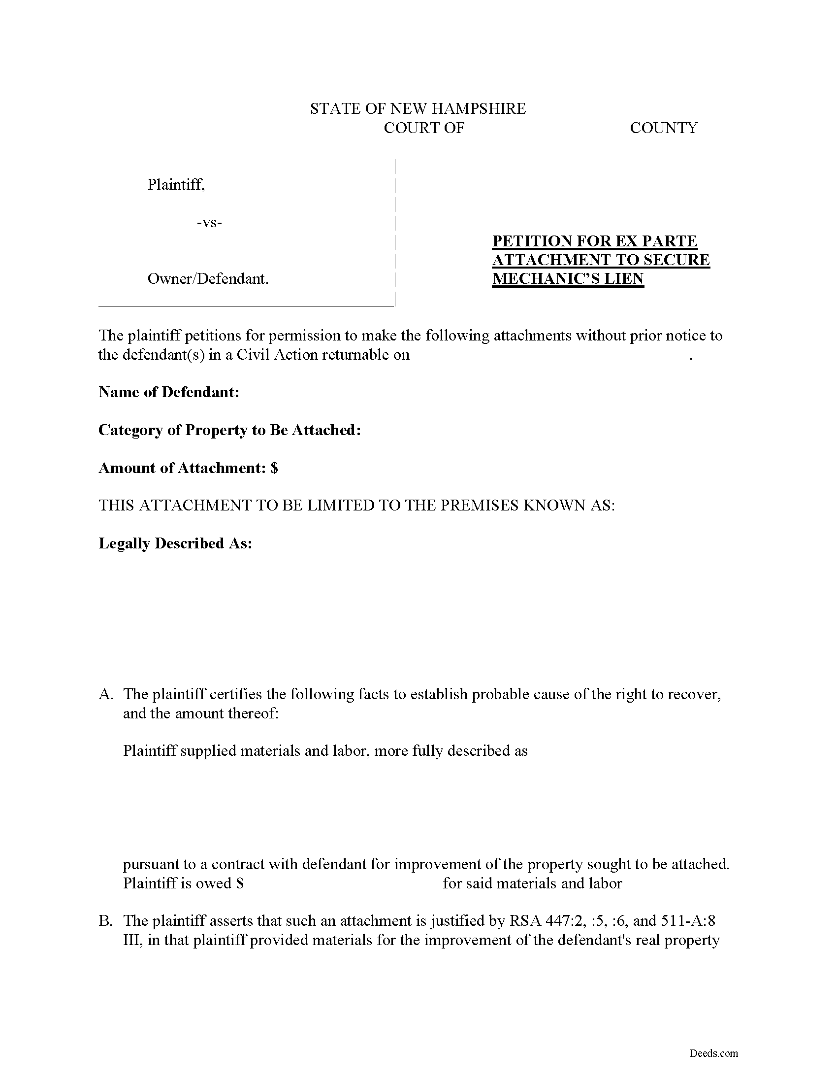 Merrimack County Petition for Ex Parte Attachment Form