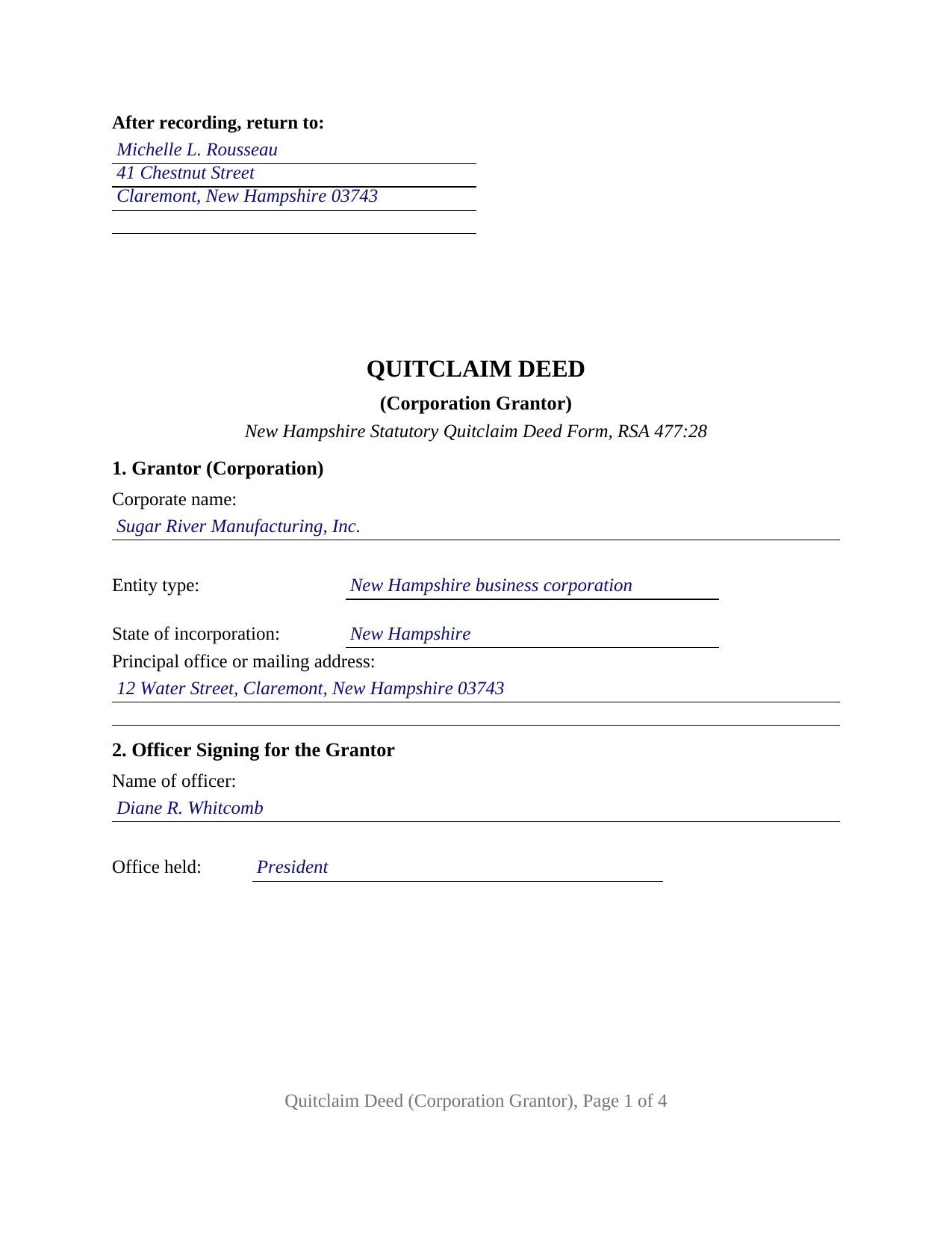 Merrimack County Completed Example of the Quitclaim Deed (Corporation Grantor) Document