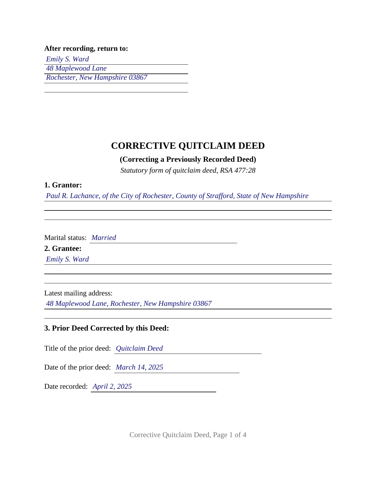 Strafford County Completed Example of the Quitclaim Deed (Corrective) Document
