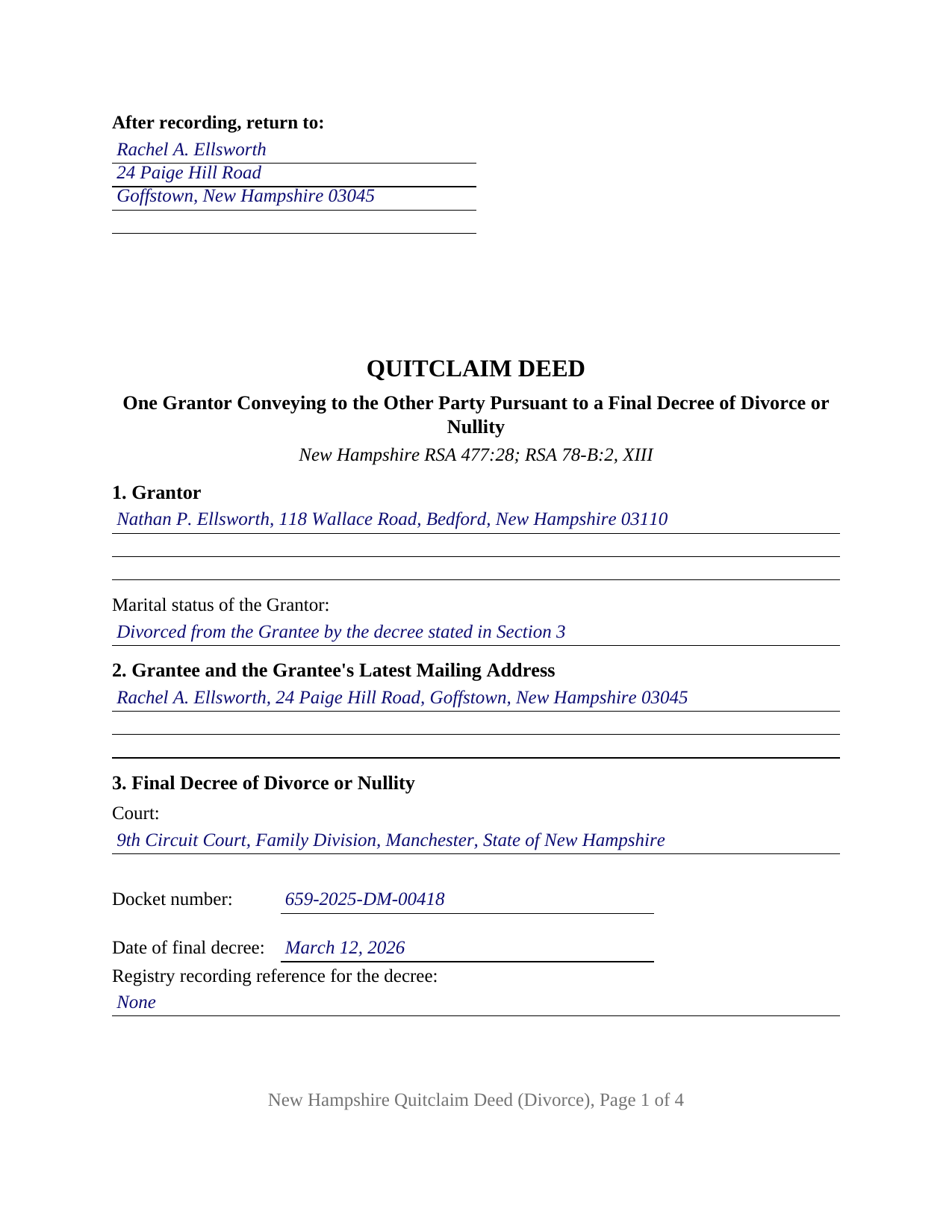 Hillsborough County Completed Example of the Quitclaim Deed (Divorce) Document