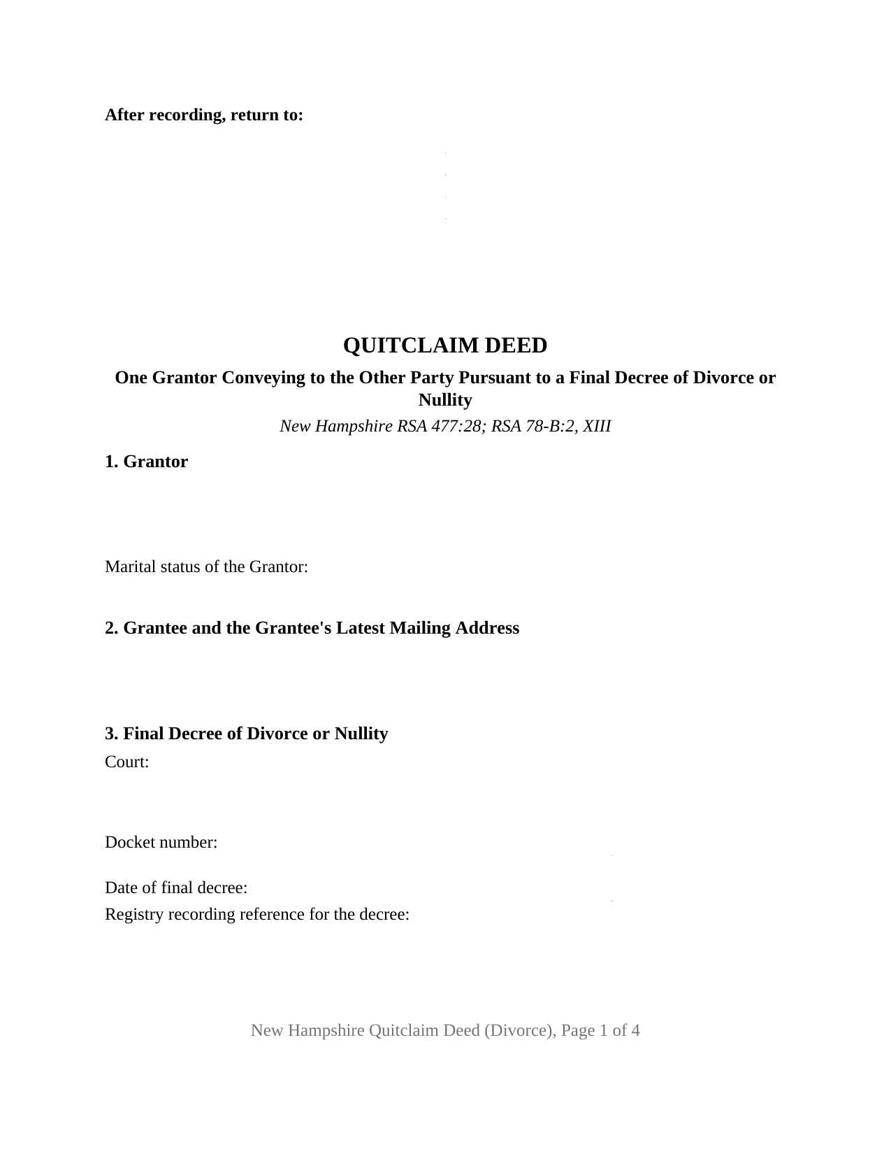 Hillsborough County Quitclaim Deed (Divorce) Form