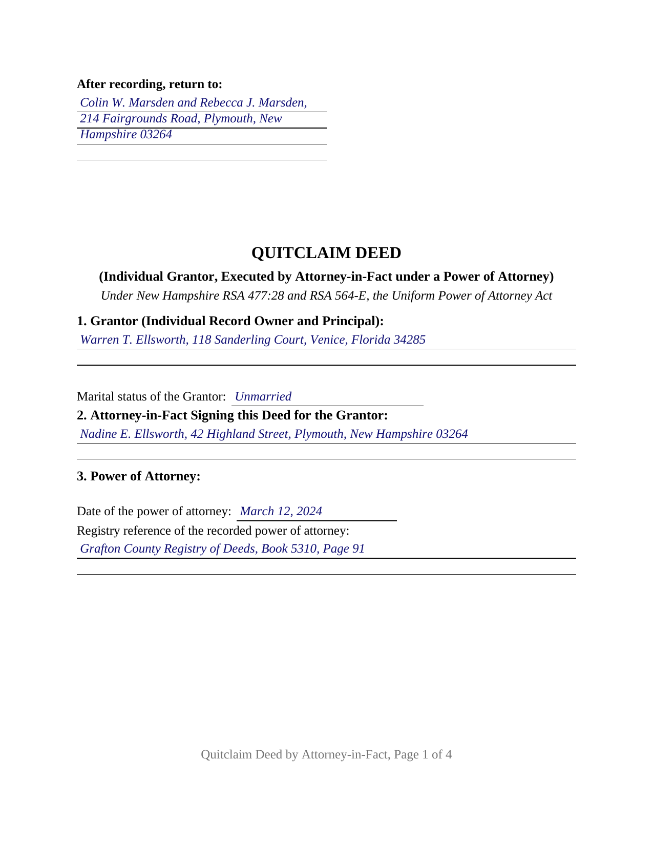 Hillsborough County Completed Example of the Quitclaim Deed (Individual Grantor by Attorney-in-Fact) Document