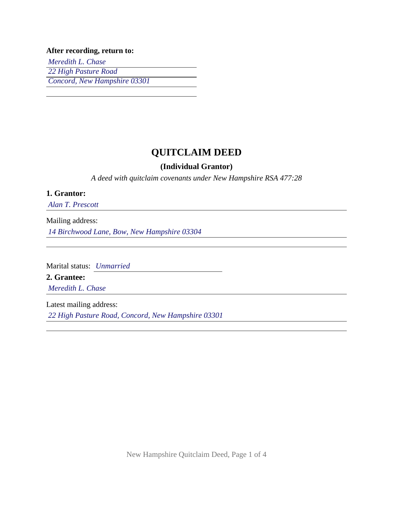 Coos County Completed Example of the Quitclaim Deed (Individual Grantor) Document