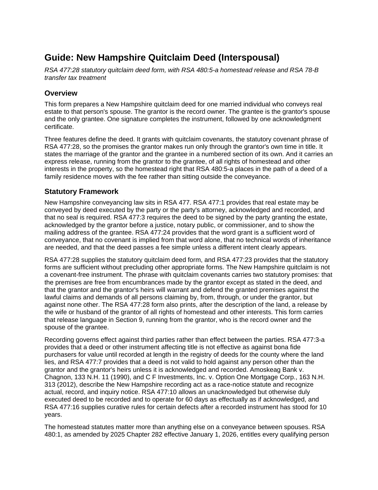 Belknap County Quitclaim Deed (Interspousal) Guide
