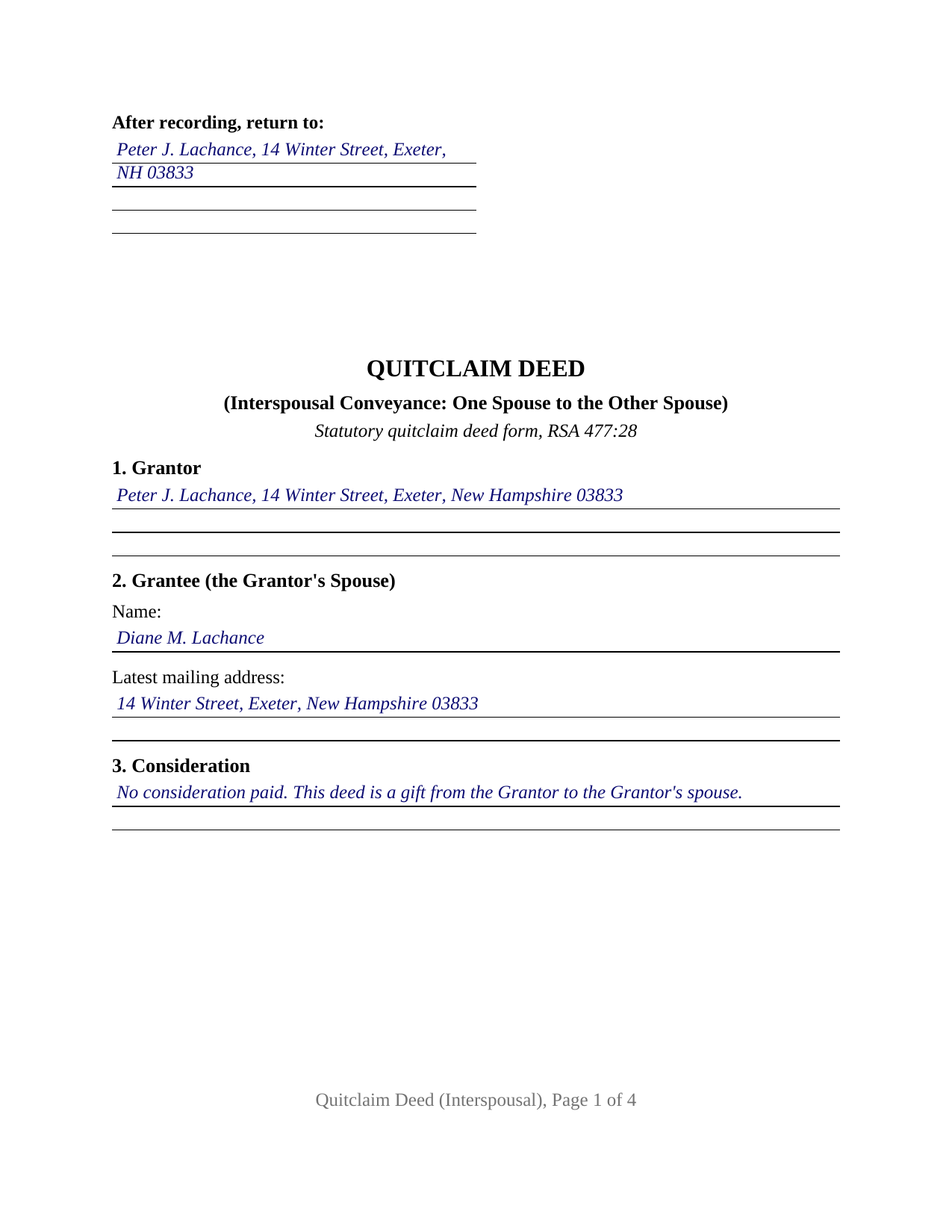 Belknap County Completed Example of the Quitclaim Deed (Interspousal) Document