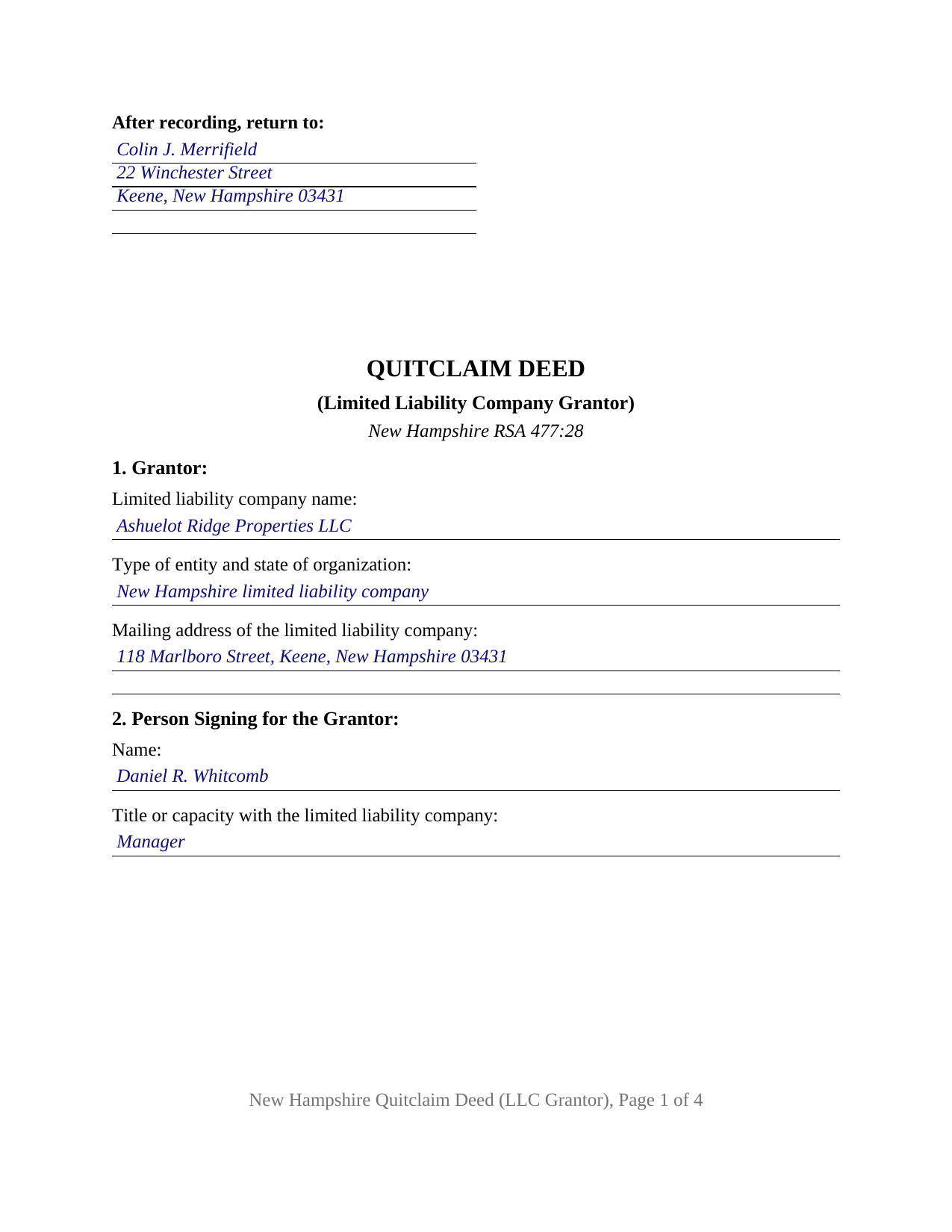 Merrimack County Completed Example of the Quitclaim Deed (LLC Grantor) Document