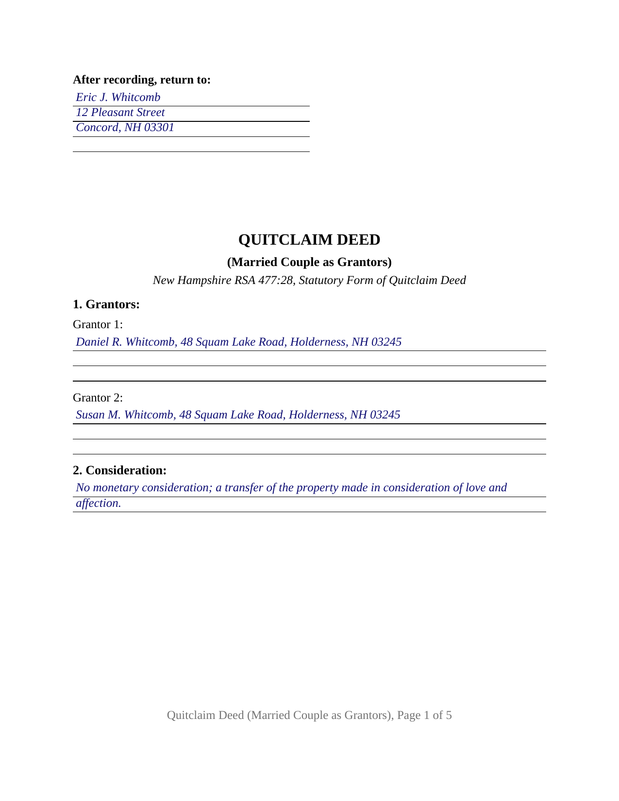 Grafton County Completed Example of the Quitclaim Deed (Married Couple as Grantors) Document