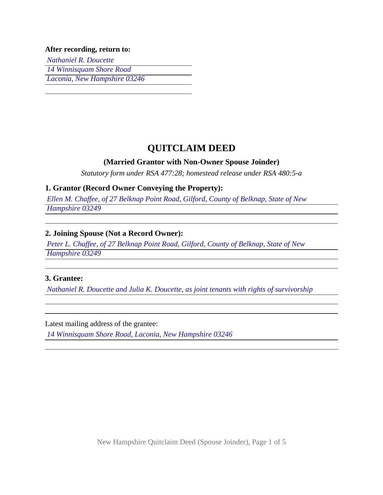 Carroll County Completed Example of the Quitclaim Deed (Married Grantor with Non-Owner Spouse Joinder) Document