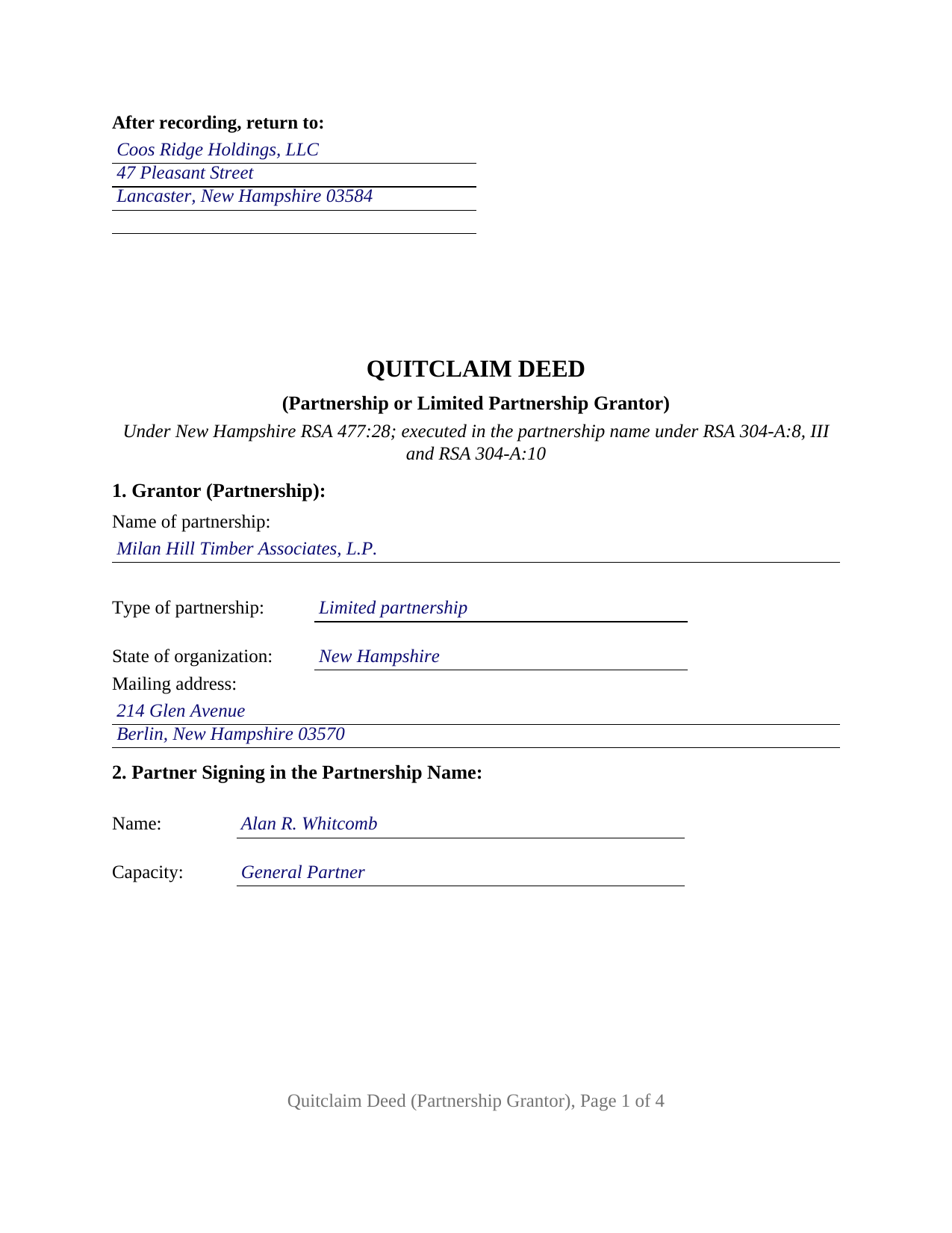 Belknap County Completed Example of the Quitclaim Deed (Partnership or Limited Partnership Grantor) Document