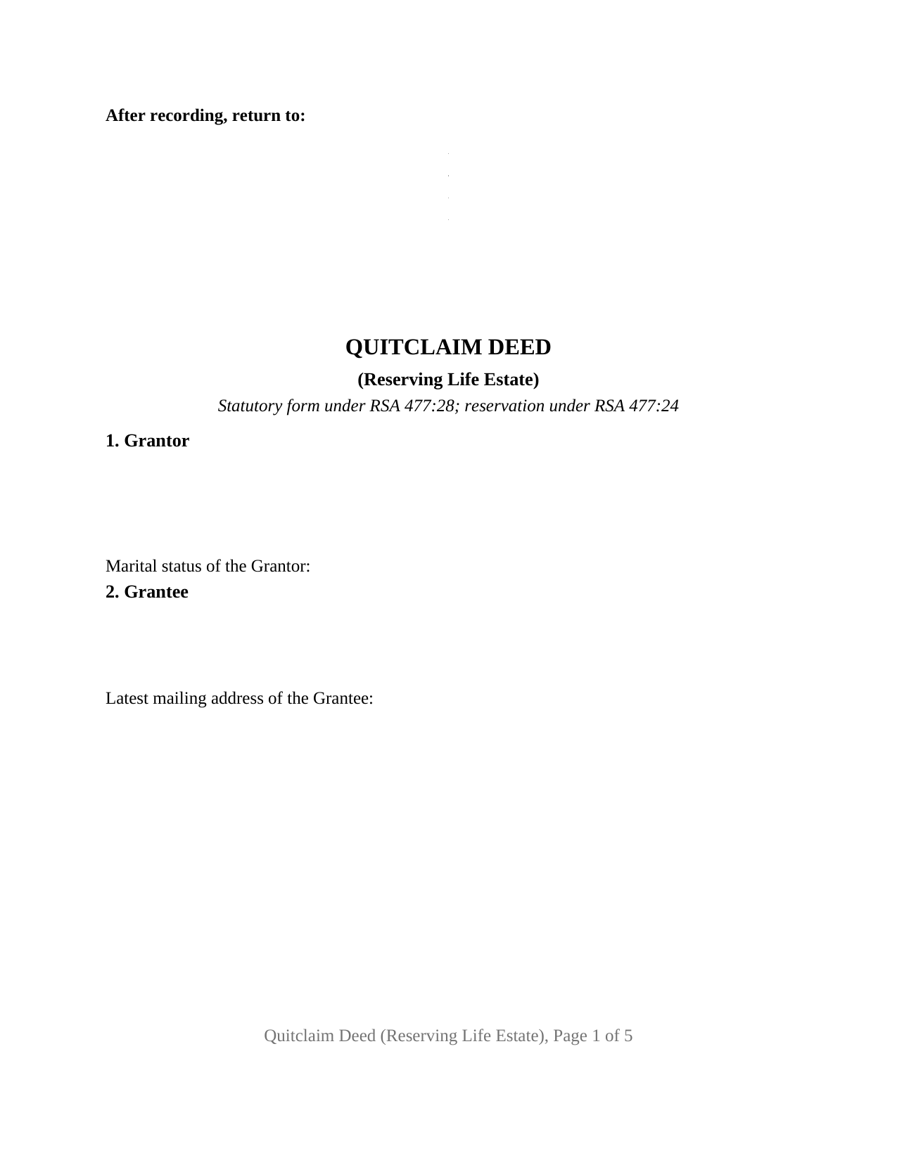 Hillsborough County Quitclaim Deed (Reserving Life Estate) Form