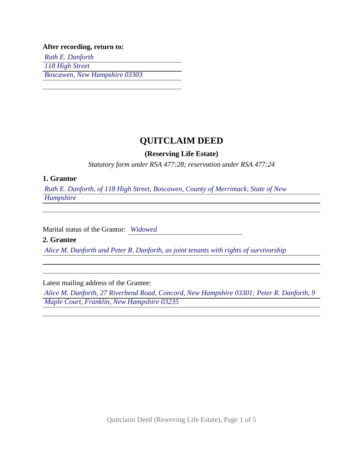 Hillsborough County Completed Example of the Quitclaim Deed (Reserving Life Estate) Document