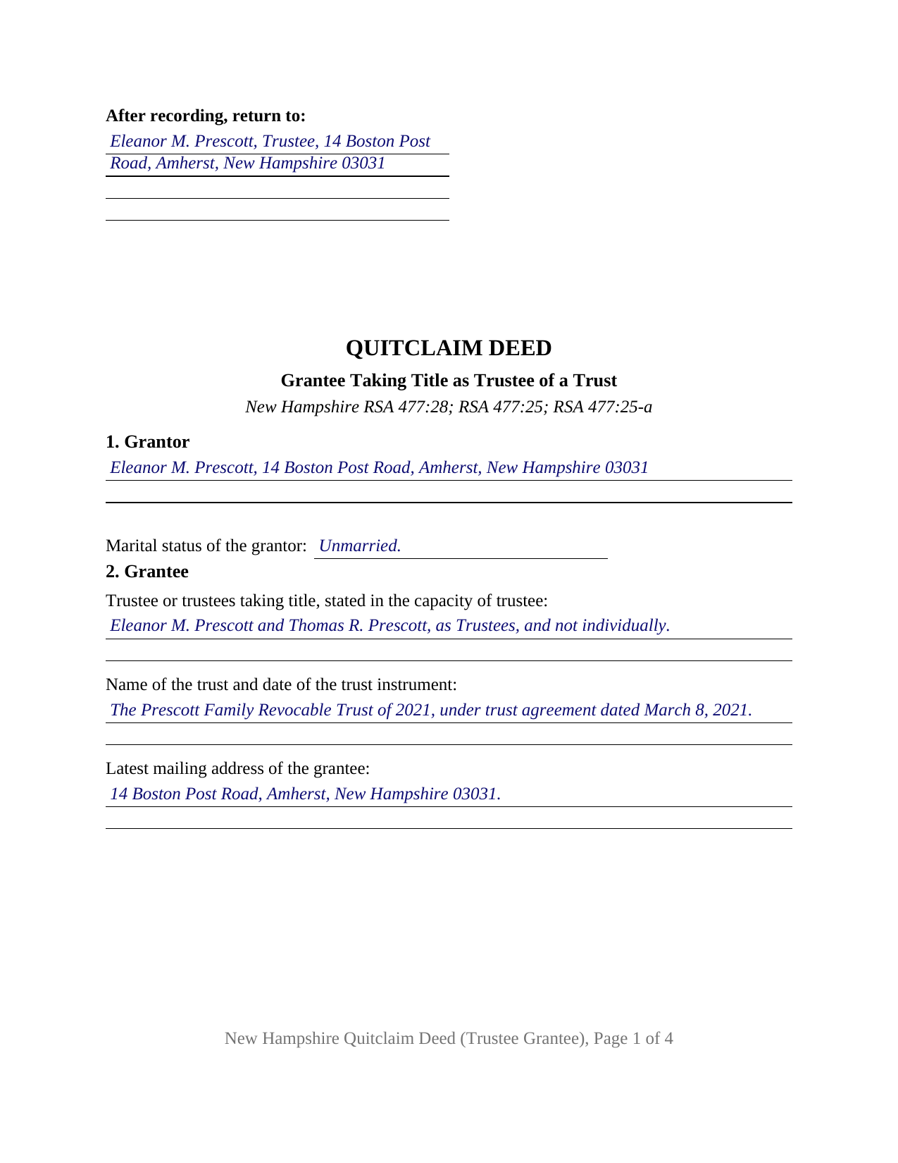 Cheshire County Completed Example of the Quitclaim Deed (Trustee Grantee) Document