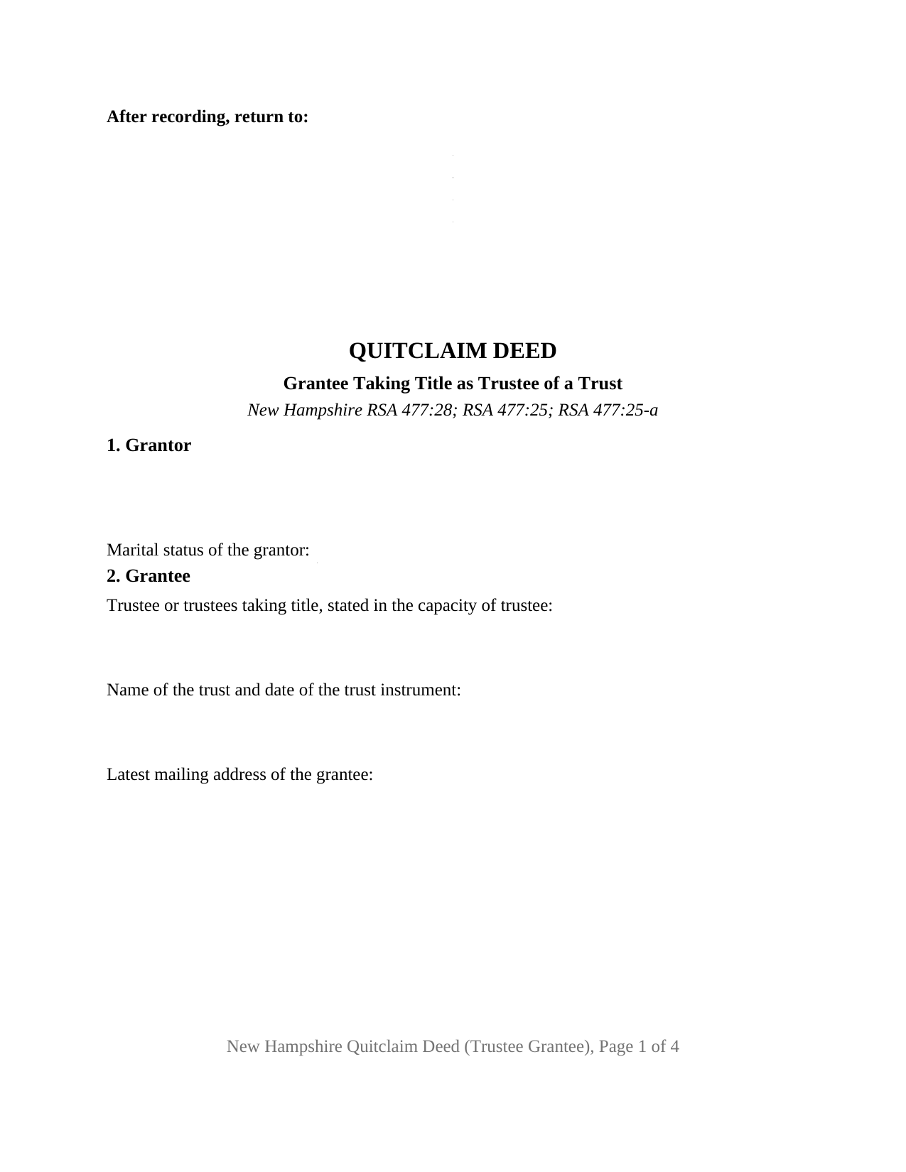 Cheshire County Quitclaim Deed (Trustee Grantee) Form