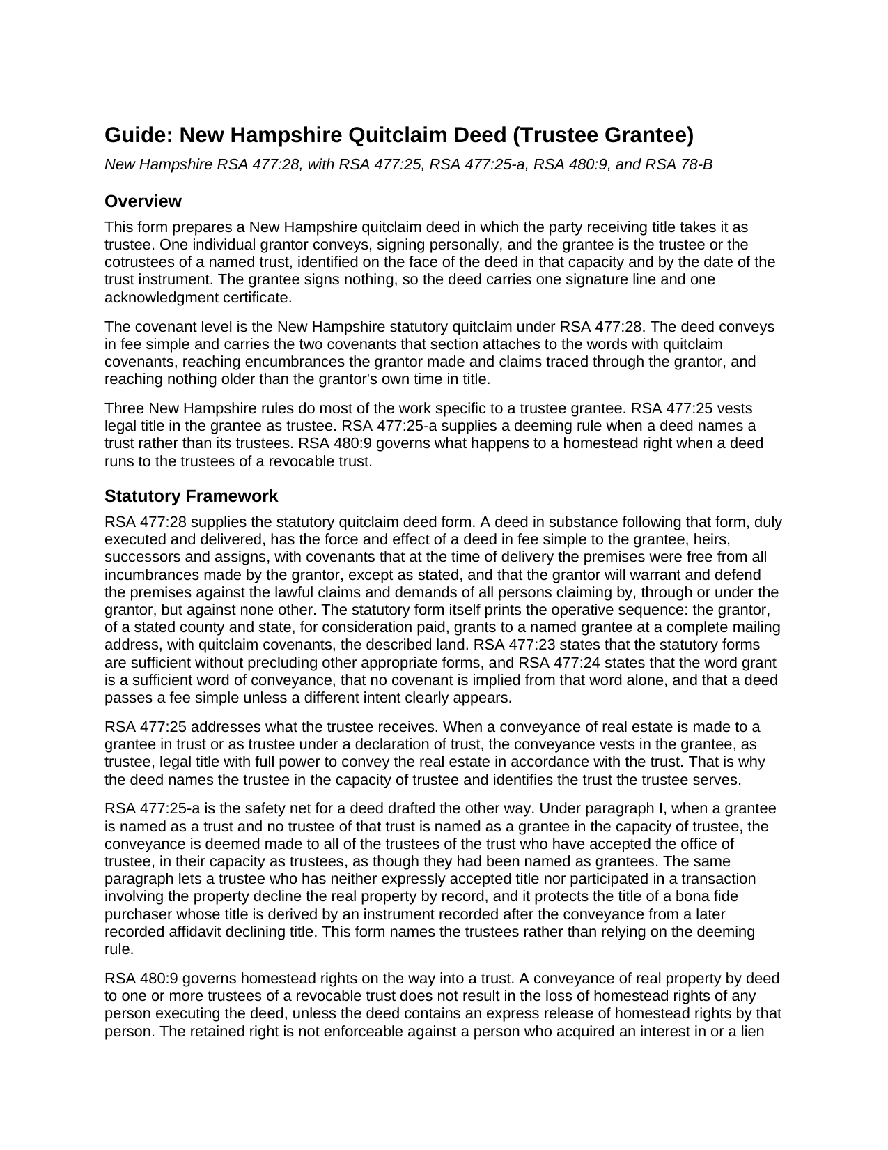 Cheshire County Quitclaim Deed (Trustee Grantee) Guide
