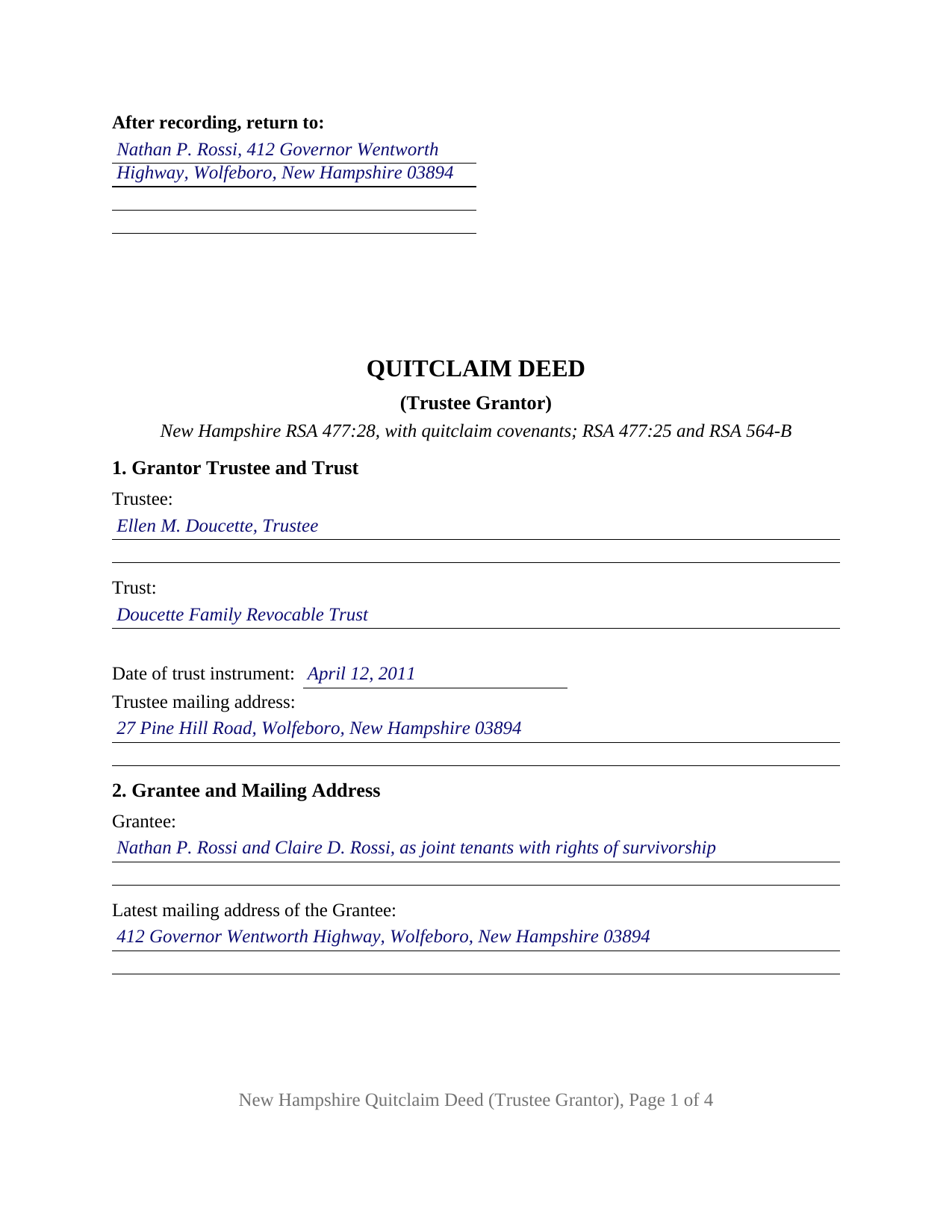 Belknap County Completed Example of the Quitclaim Deed (Trustee Grantor) Document