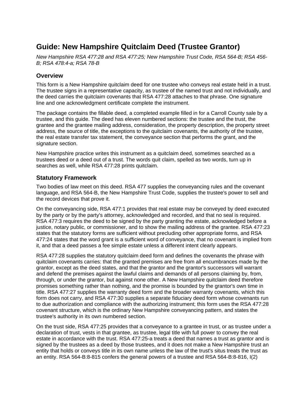 Belknap County Quitclaim Deed (Trustee Grantor) Guide