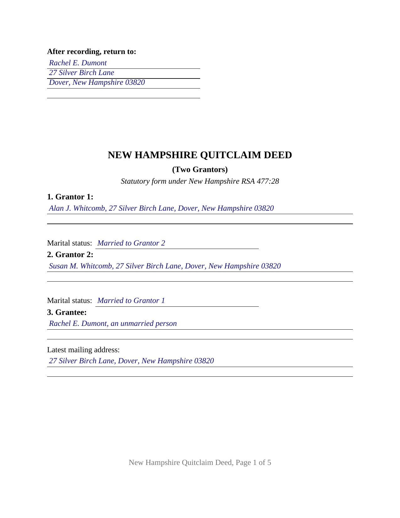 Sullivan County Completed Example of the Quitclaim Deed (Two Grantors) Document