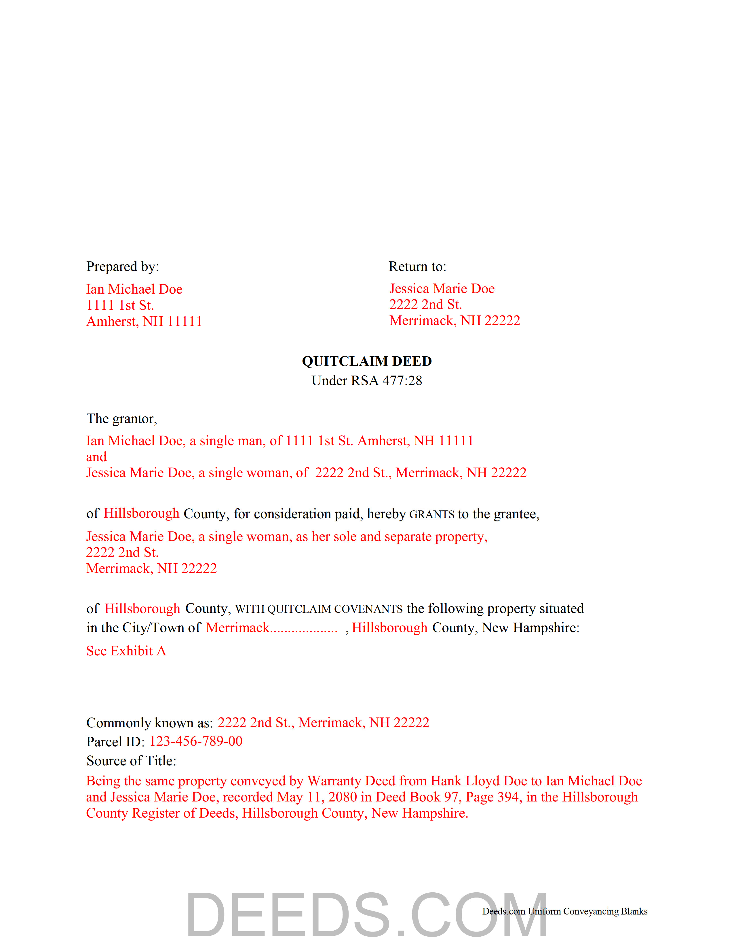 Strafford County Completed Example of the Quitclaim Deed Document