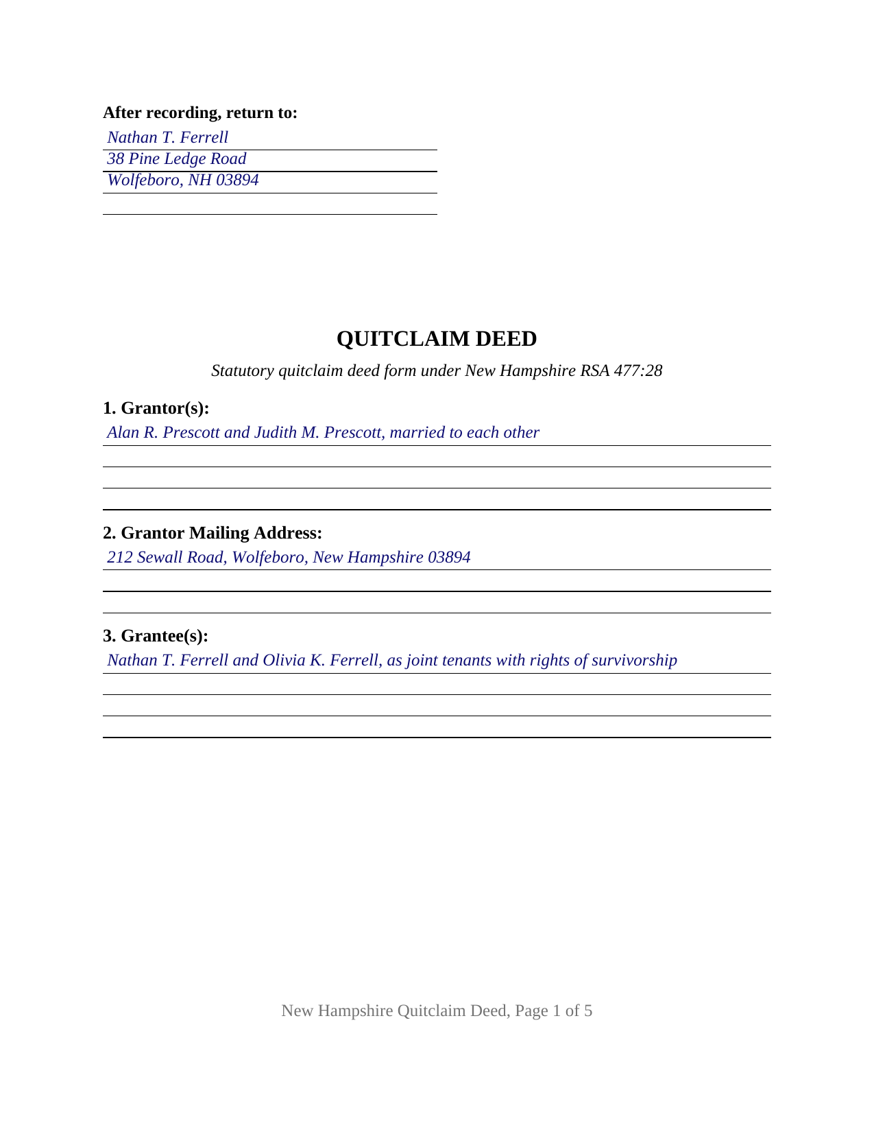 Cheshire County Completed Example of the Quitclaim Deed Document