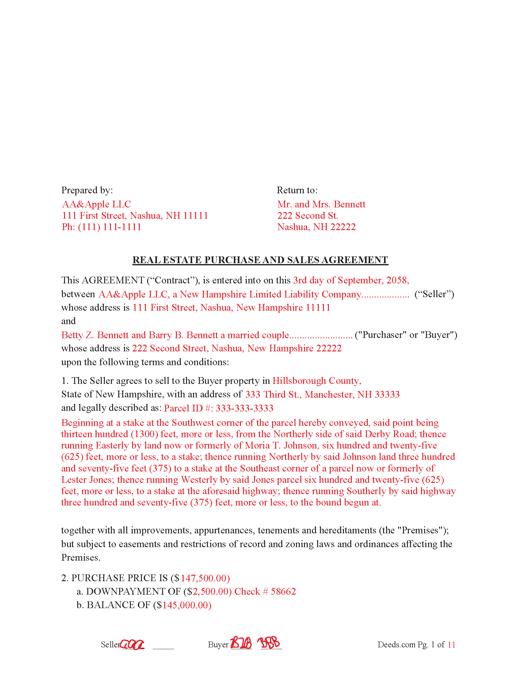 Merrimack County Completed Example of the Real Estate Purchase and Sales Agreement Document
