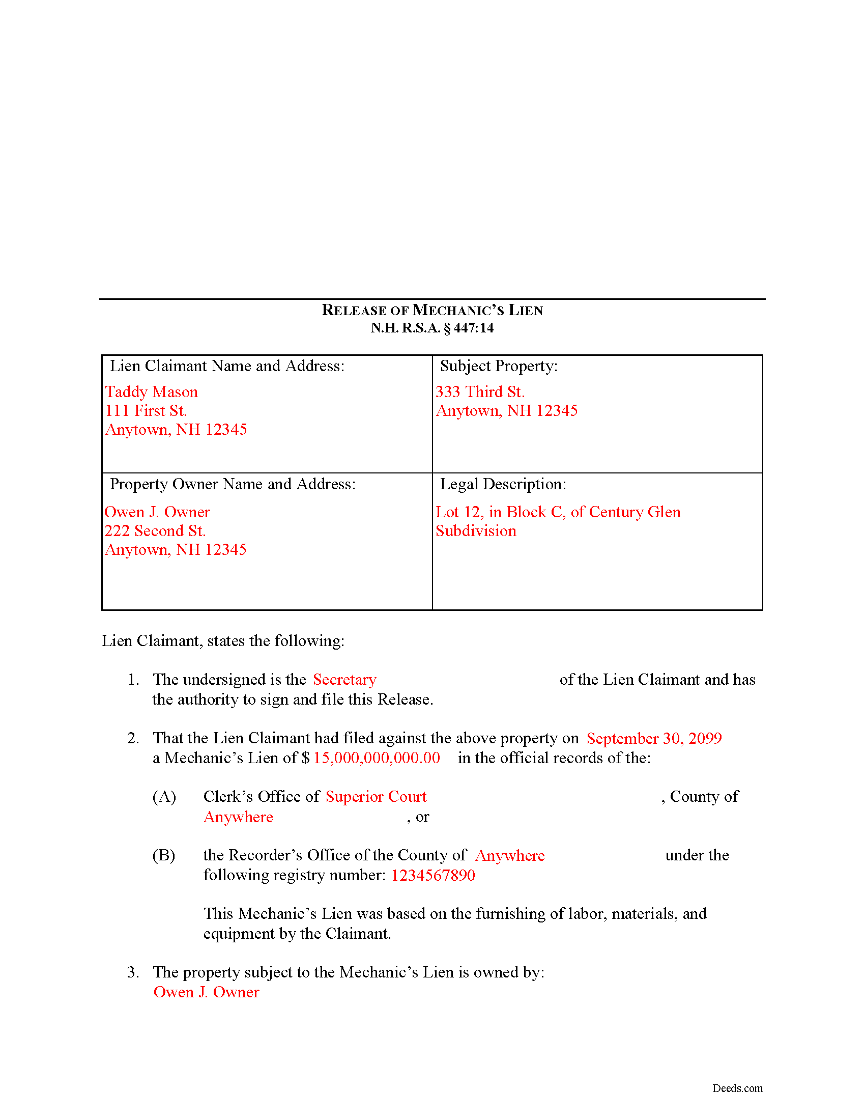 Merrimack County Completed Example of the Release of Mechanic Lien Document