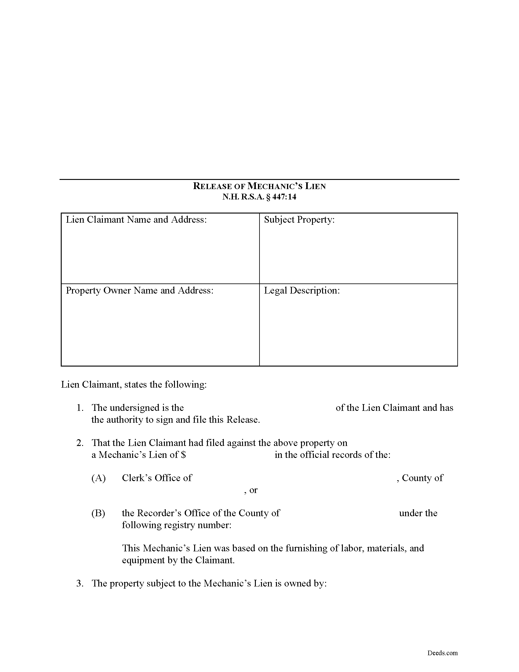 Merrimack County Release of Mechanic Lien Form