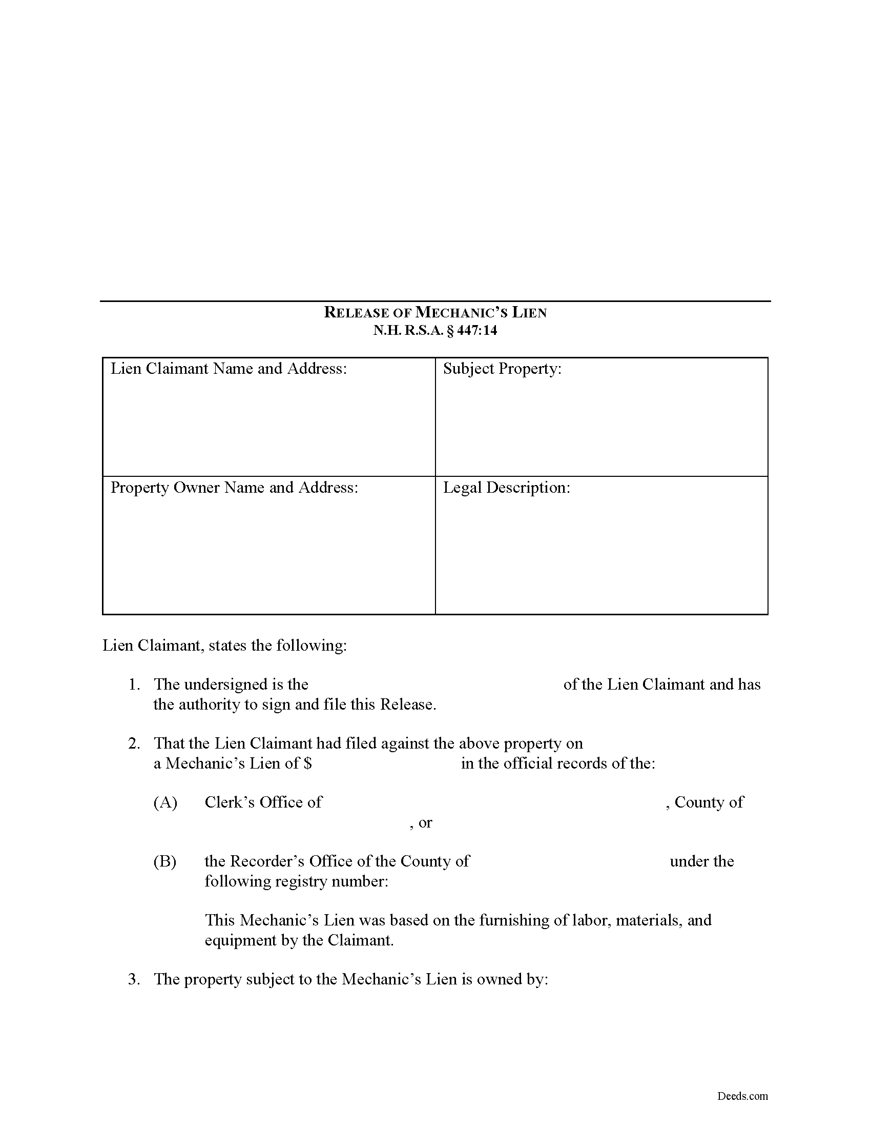 Release of Mechanic Lien Form