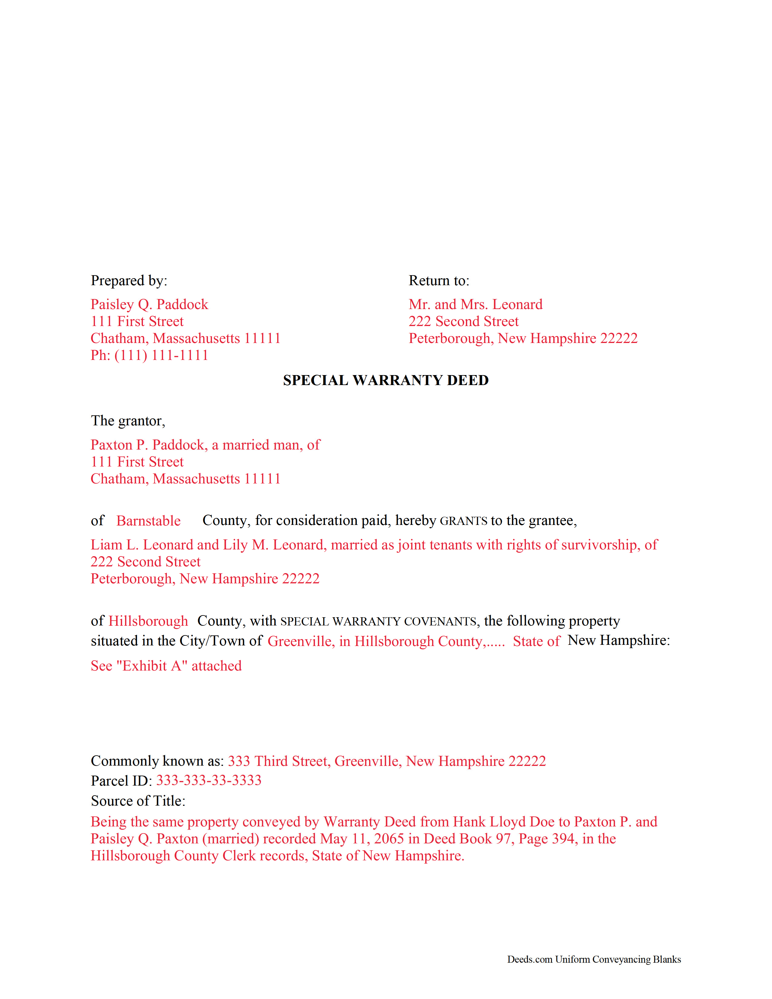 Merrimack County Completed Example of the Special Warranty Deed Document