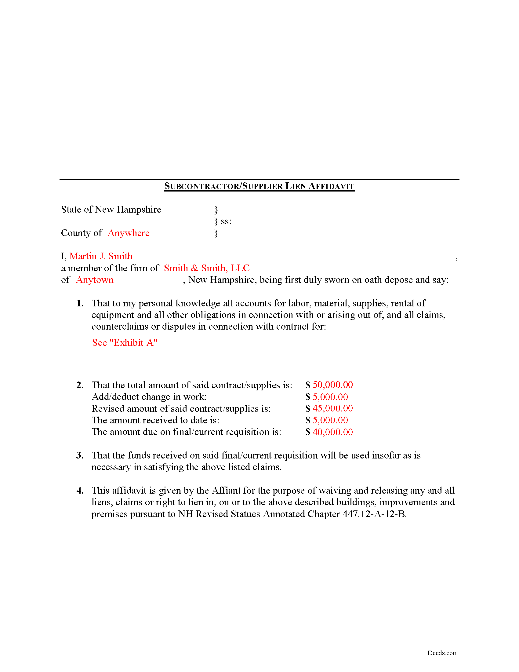 Merrimack County Completed Example of the Subcontractor Affidavit Document
