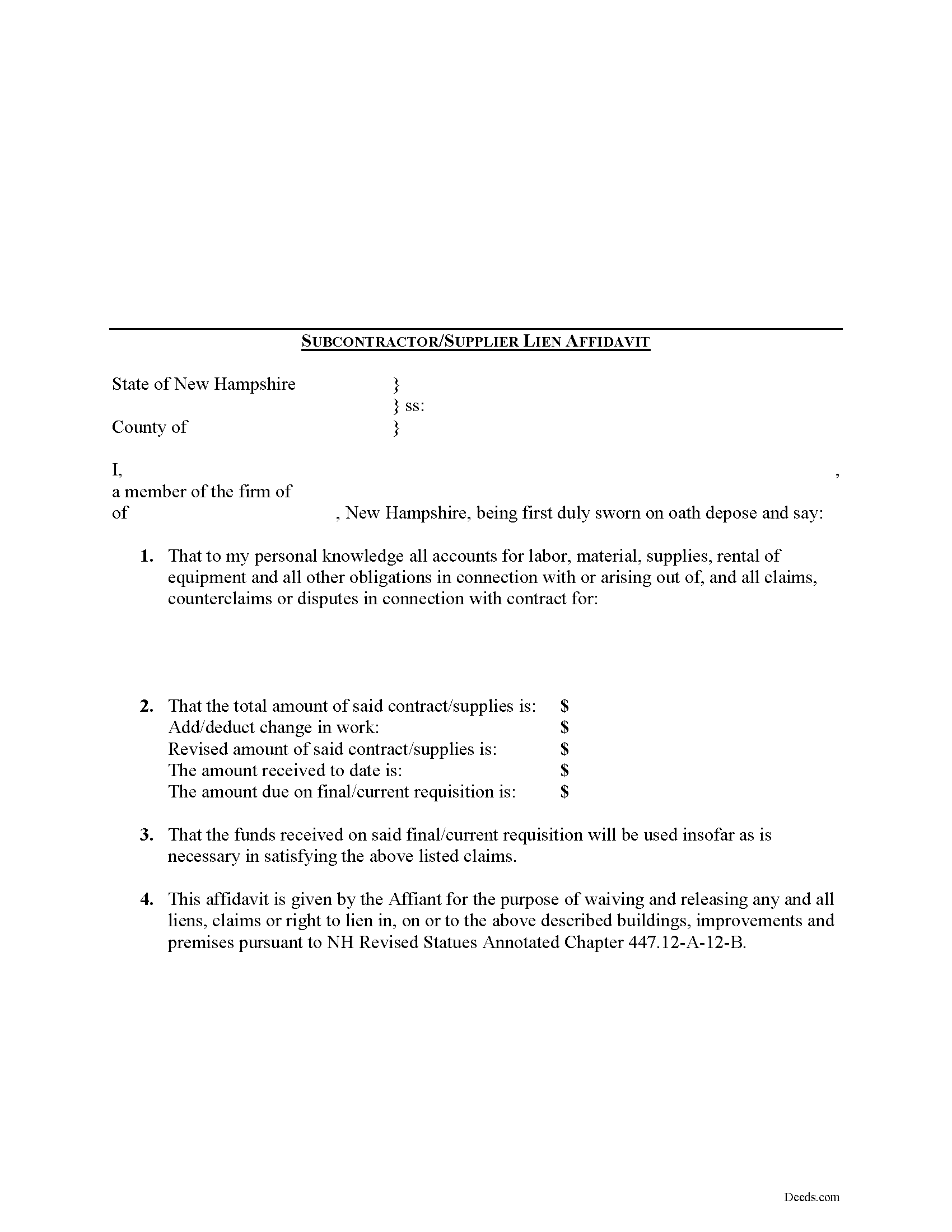 Merrimack County Subcontractor Affidavit Form