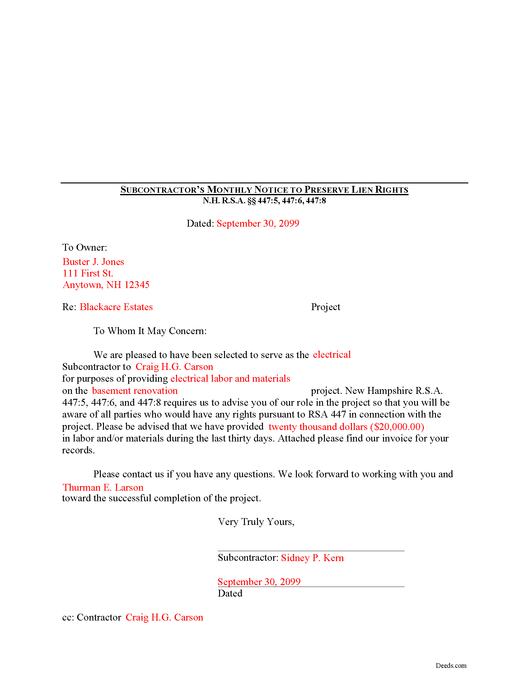 Completed Example of the Subcontractor Monthly Notice Document