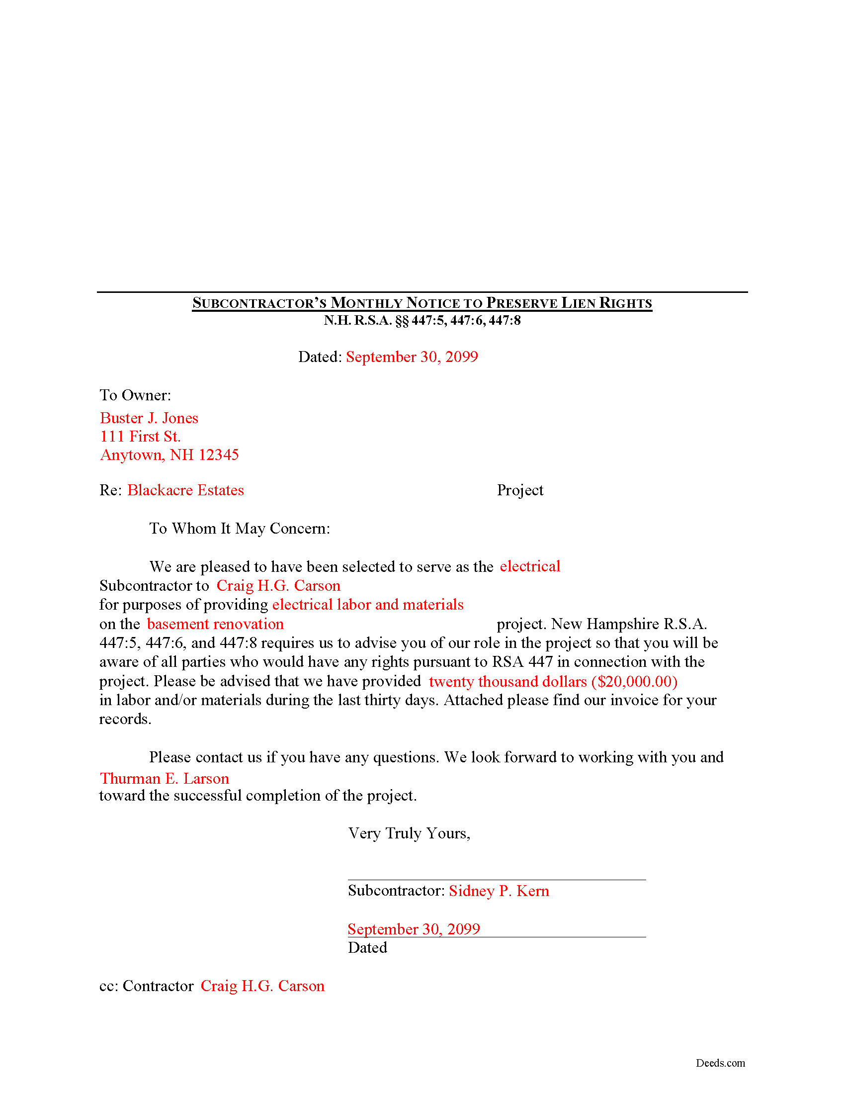 Merrimack County Completed Example of the Subcontractor Monthly Notice Document
