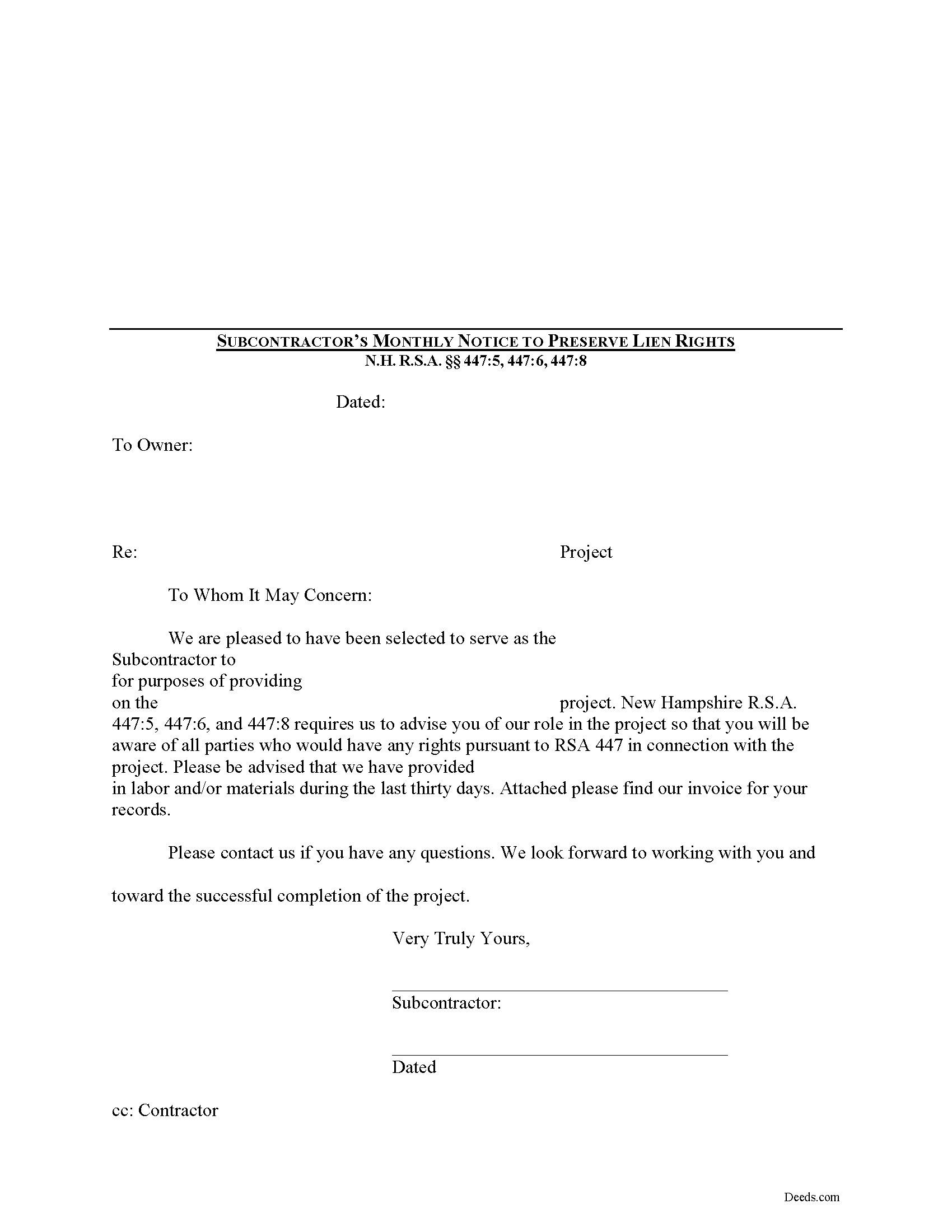 Merrimack County Subcontractor Monthly Notice Form