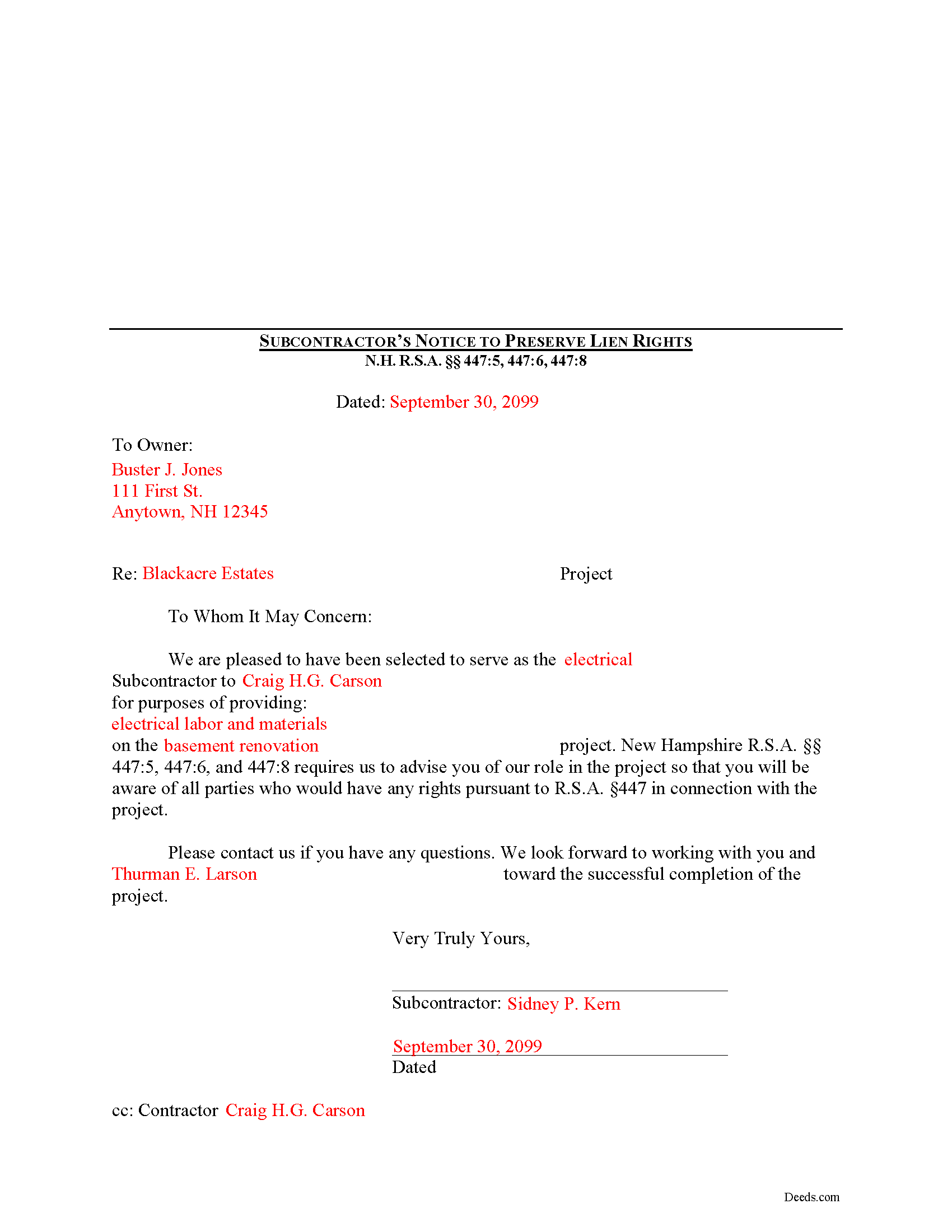 Completed Example of the Subcontractor Notice Document