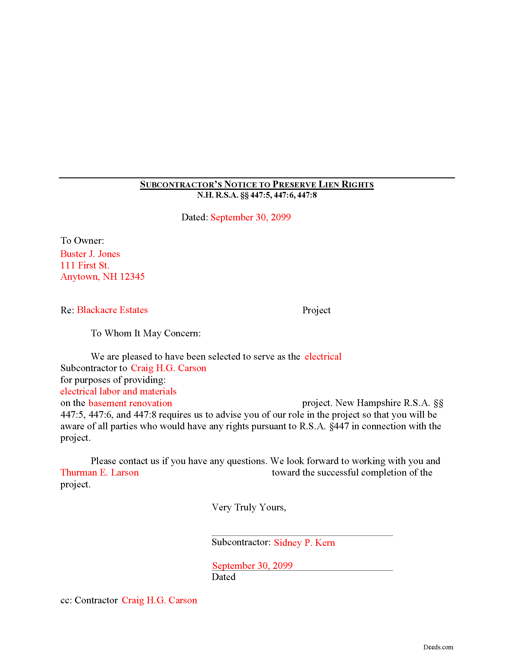 Merrimack County Completed Example of the Subcontractor Notice Document