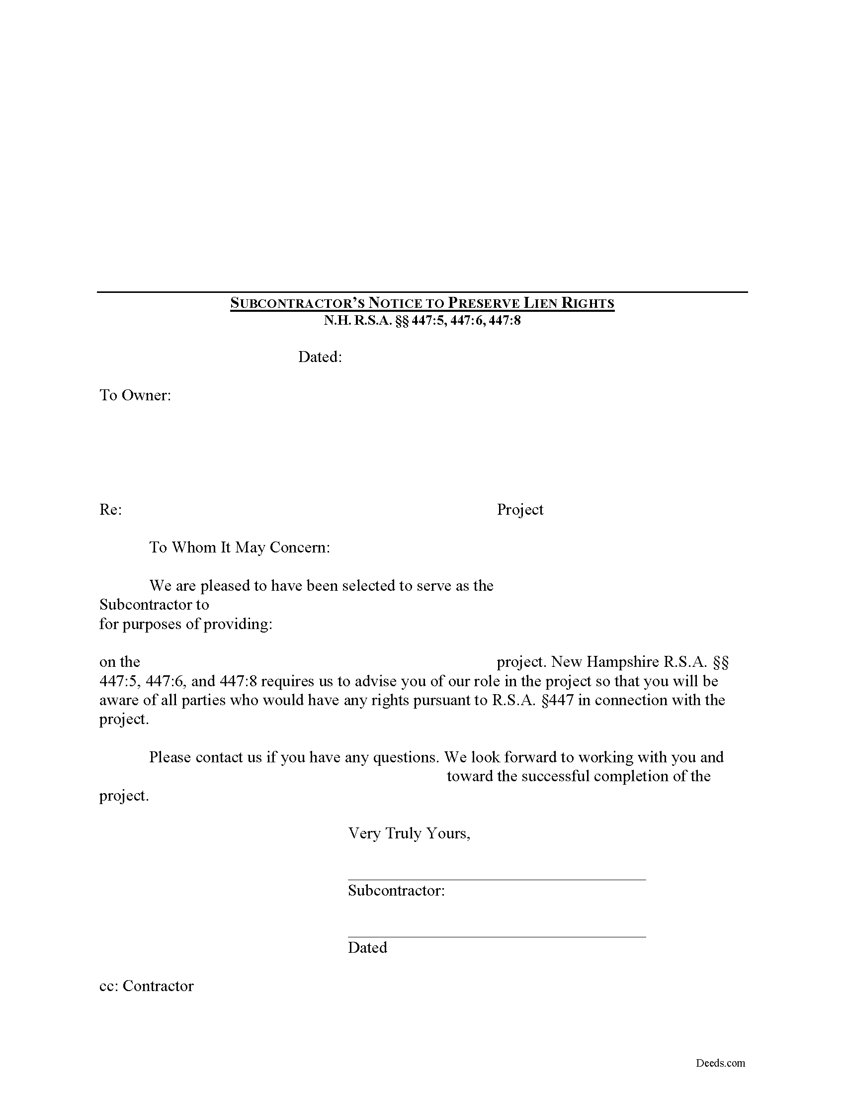 Subcontractor Notice Form
