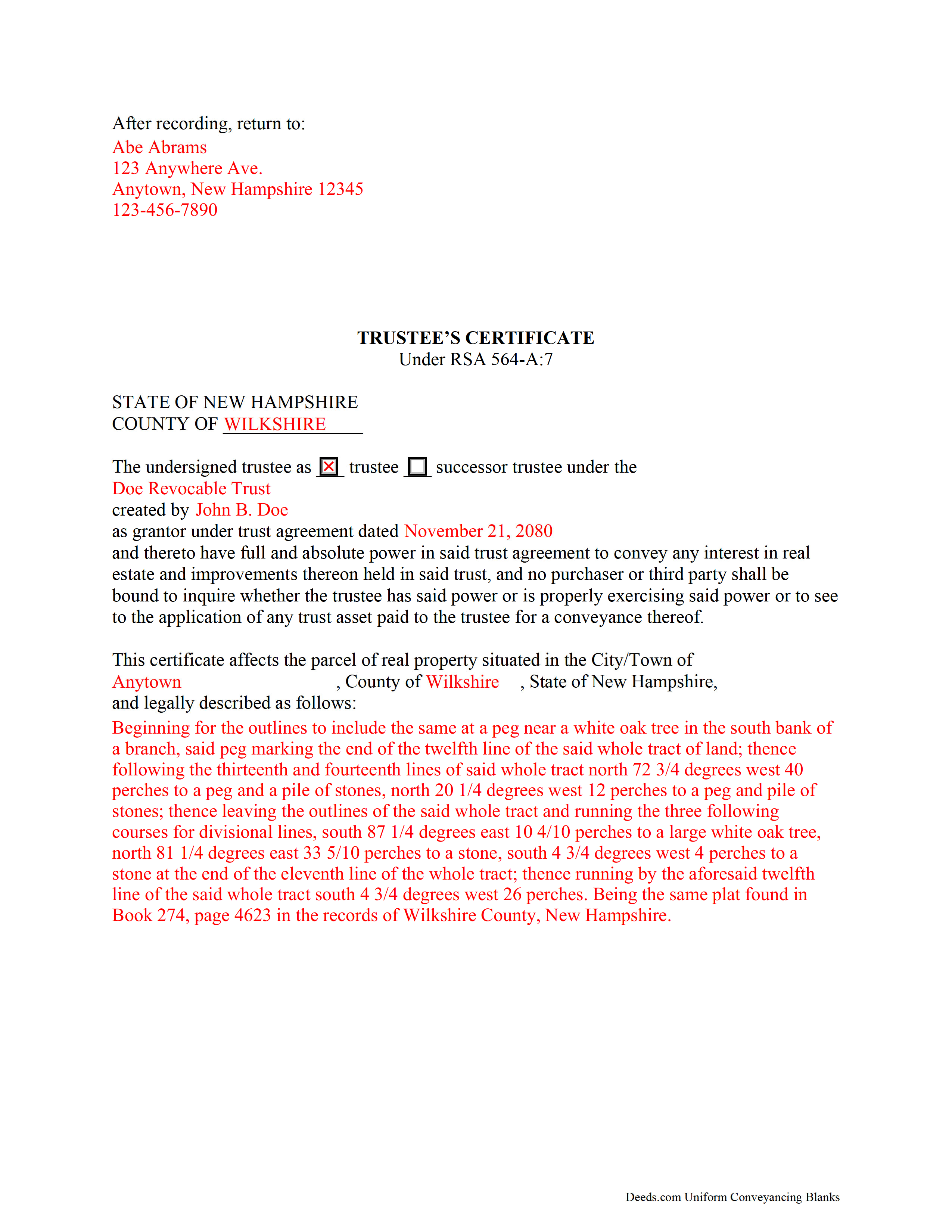 Merrimack County Completed Example of the Trustee Certificate Document