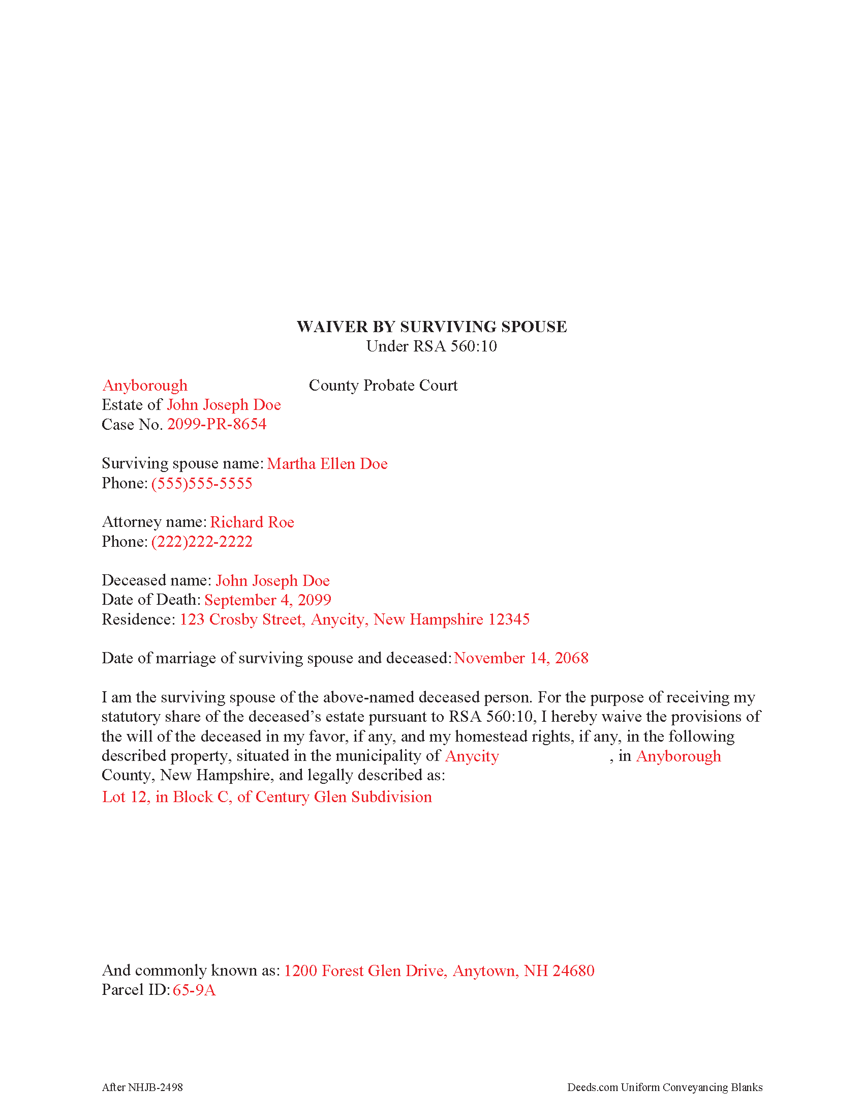 Merrimack County Completed Example of the Waiver by Surviving Spouse Document