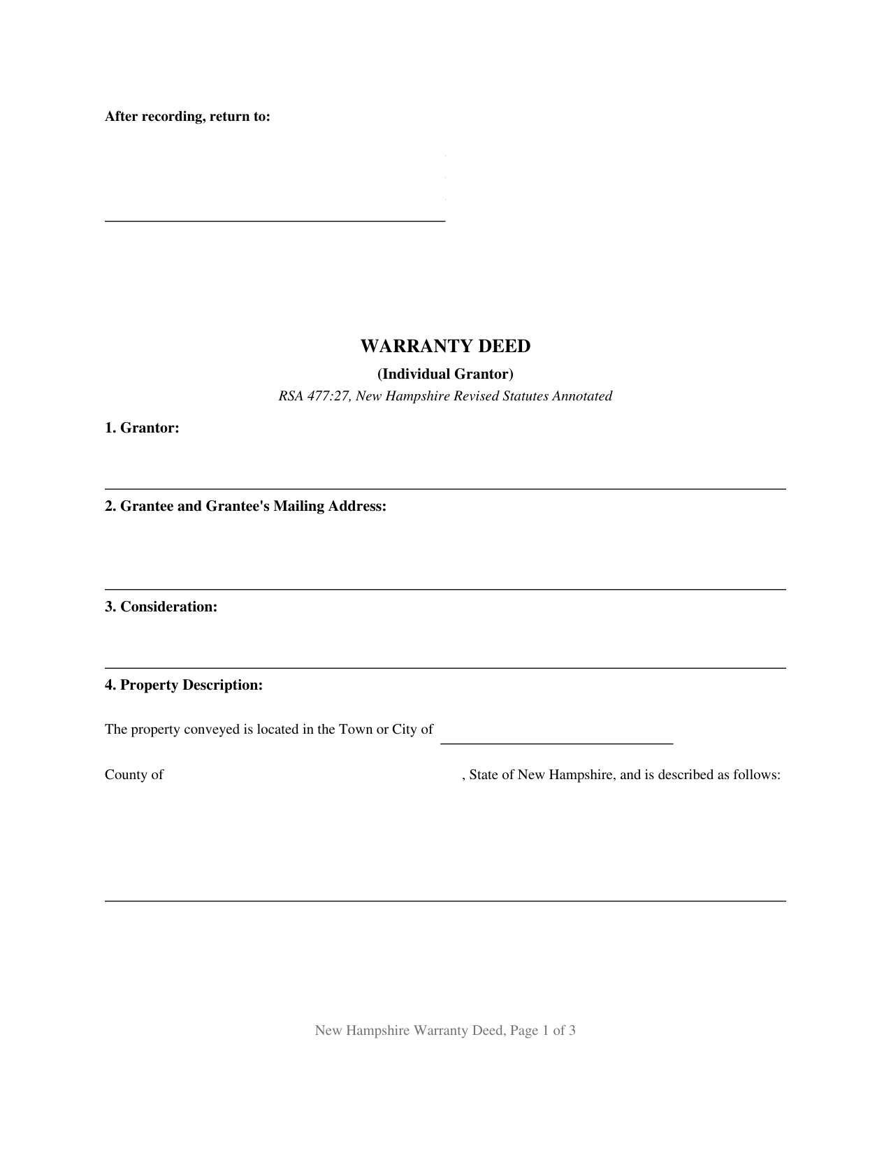 Coos County Warranty Deed (Individual Grantor) Form