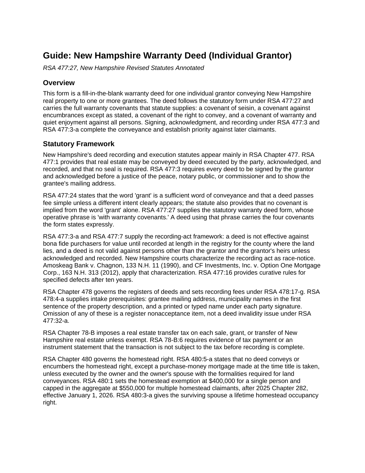 Coos County Warranty Deed (Individual Grantor) Guide