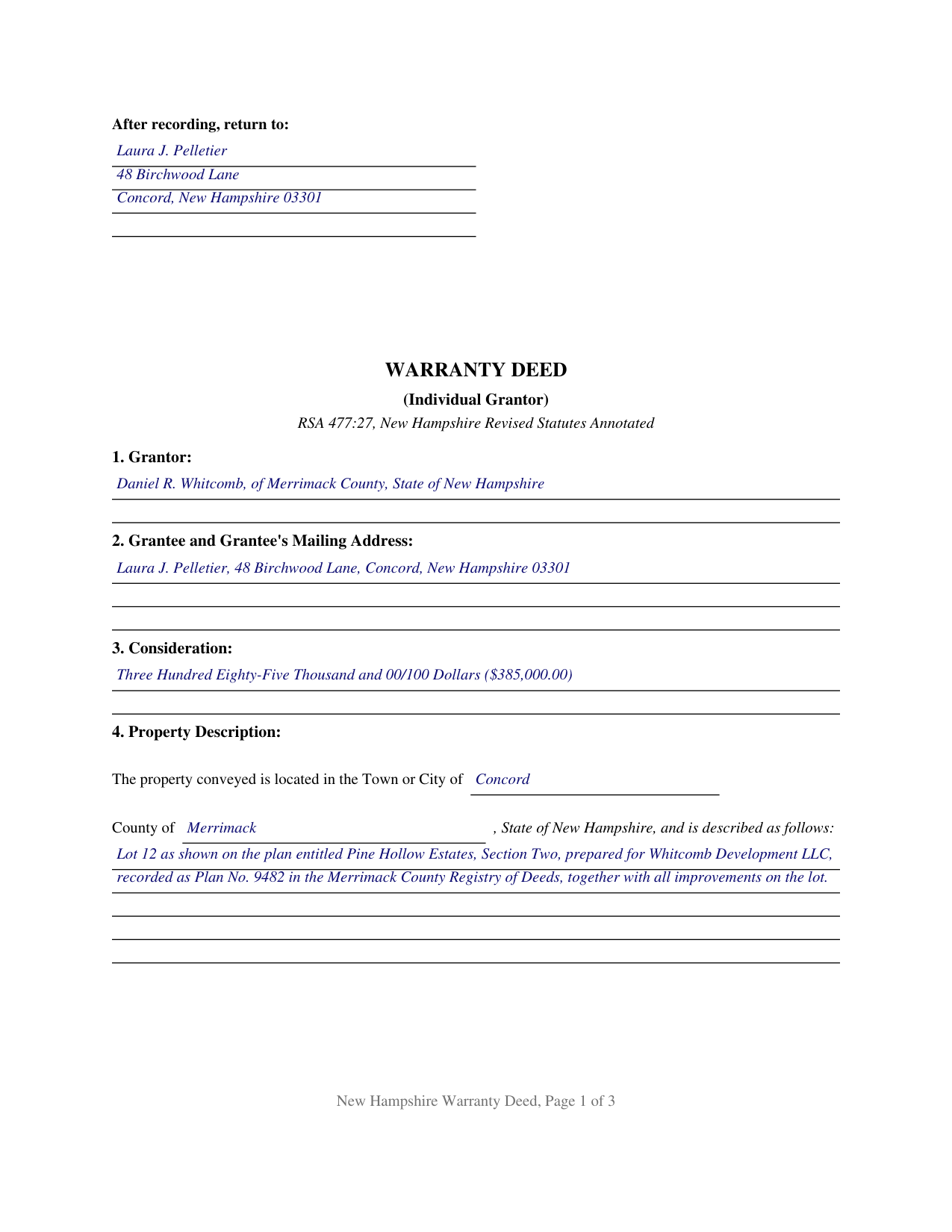 Coos County Completed Example of the Warranty Deed (Individual Grantor) Document