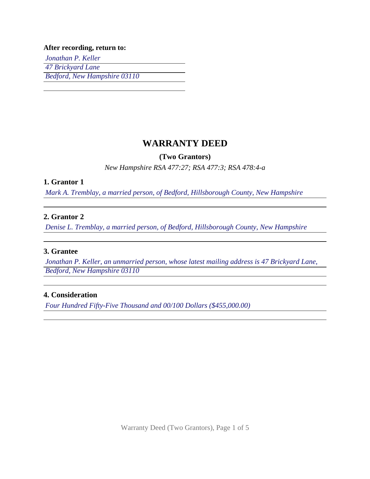 Belknap County Completed Example of the Warranty Deed (Two Grantors) Document
