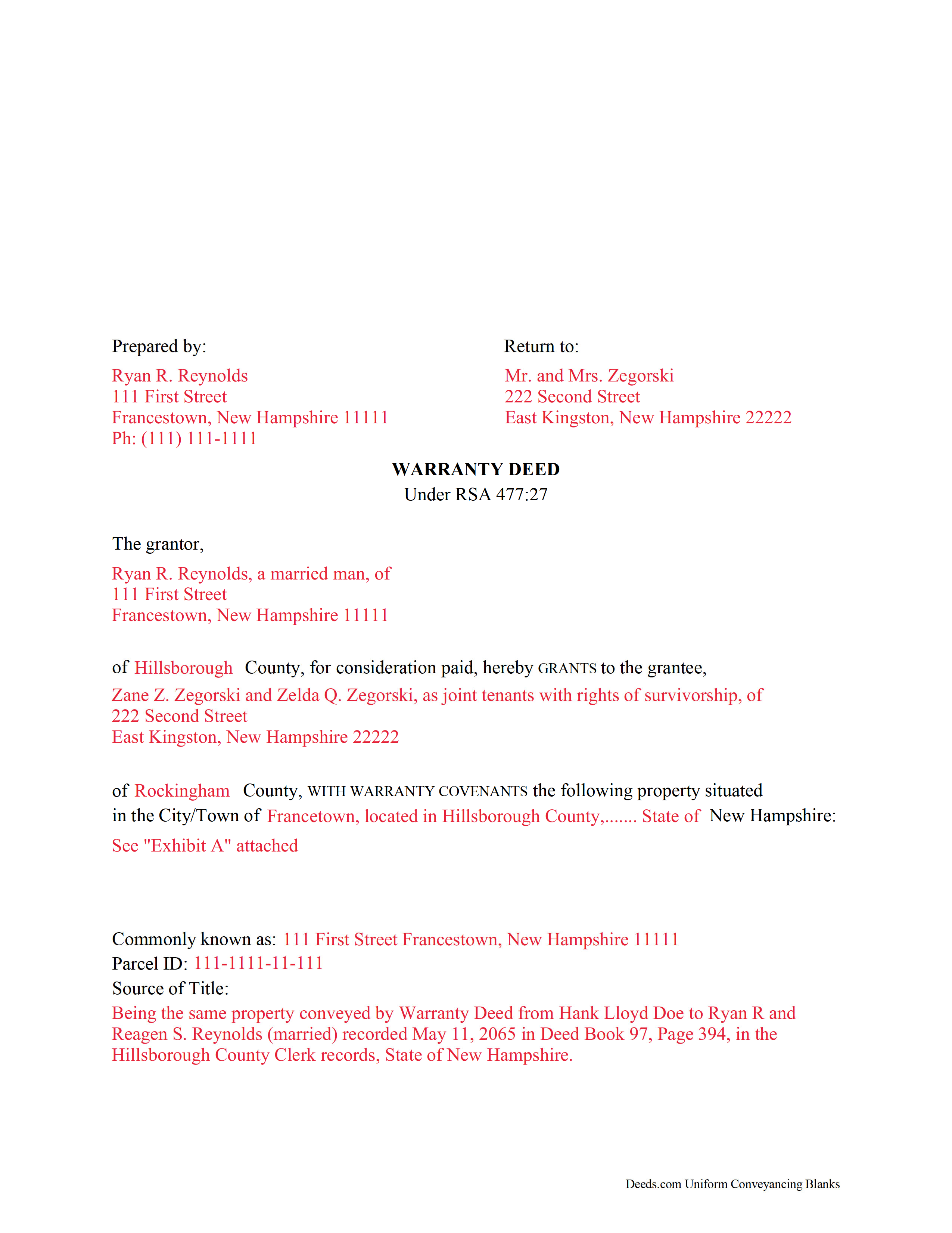Sullivan County Completed Example of the Warranty Deed Document