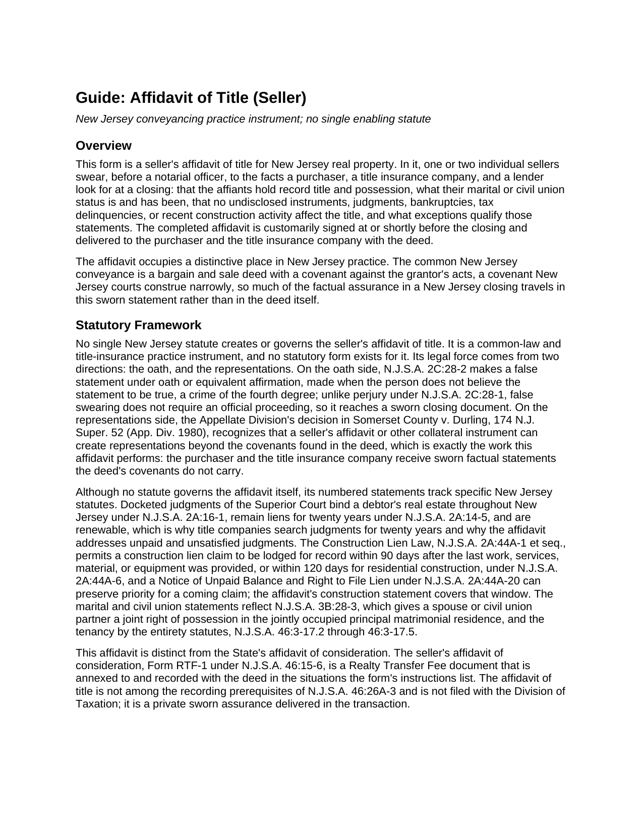 Ocean County Affidavit of Title (Seller) Guide