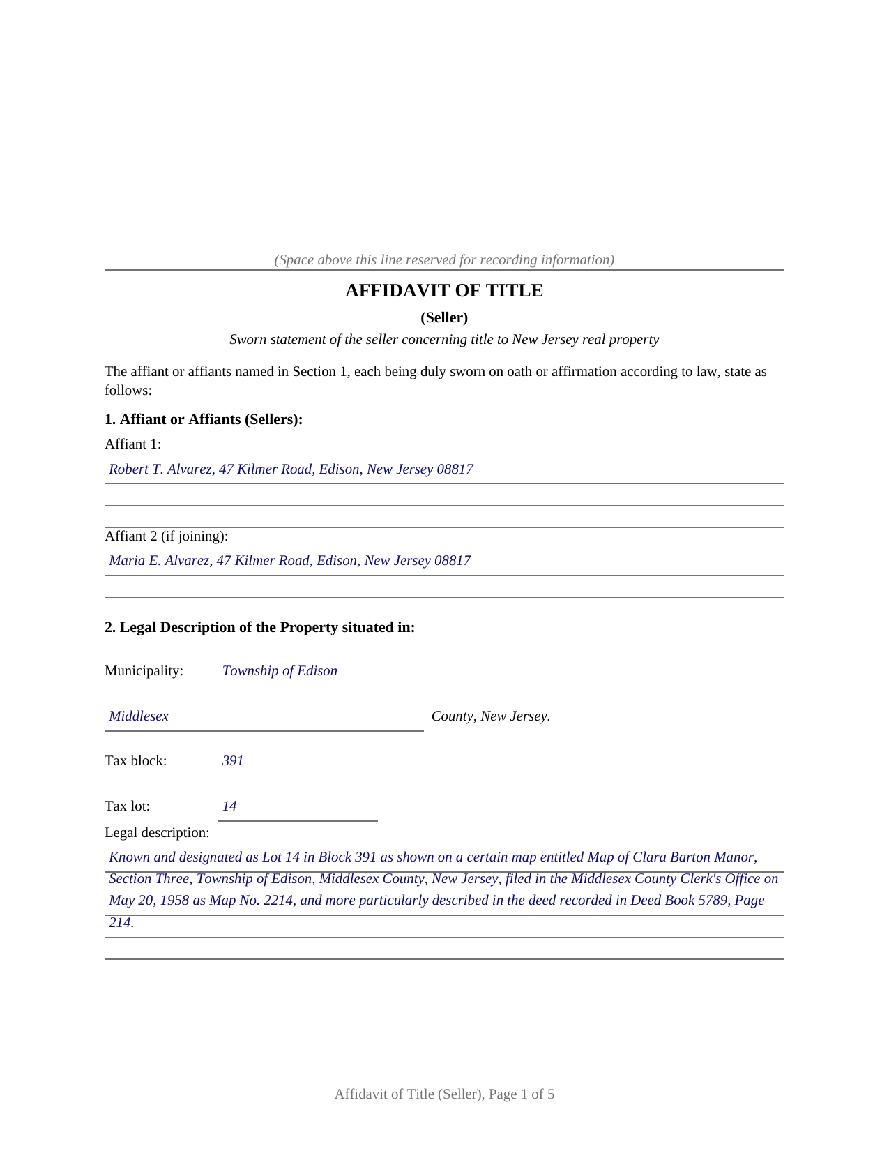 Ocean County Completed Example of the Affidavit of Title (Seller) Document