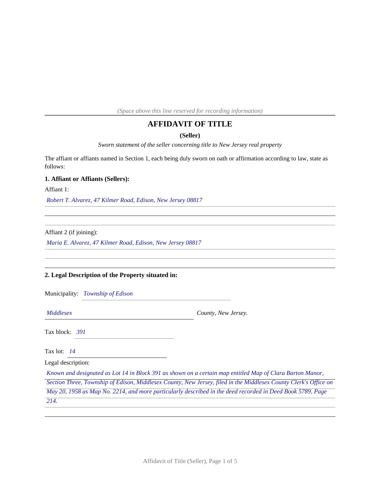 Ocean County Completed Example of the Affidavit of Title (Seller) Document