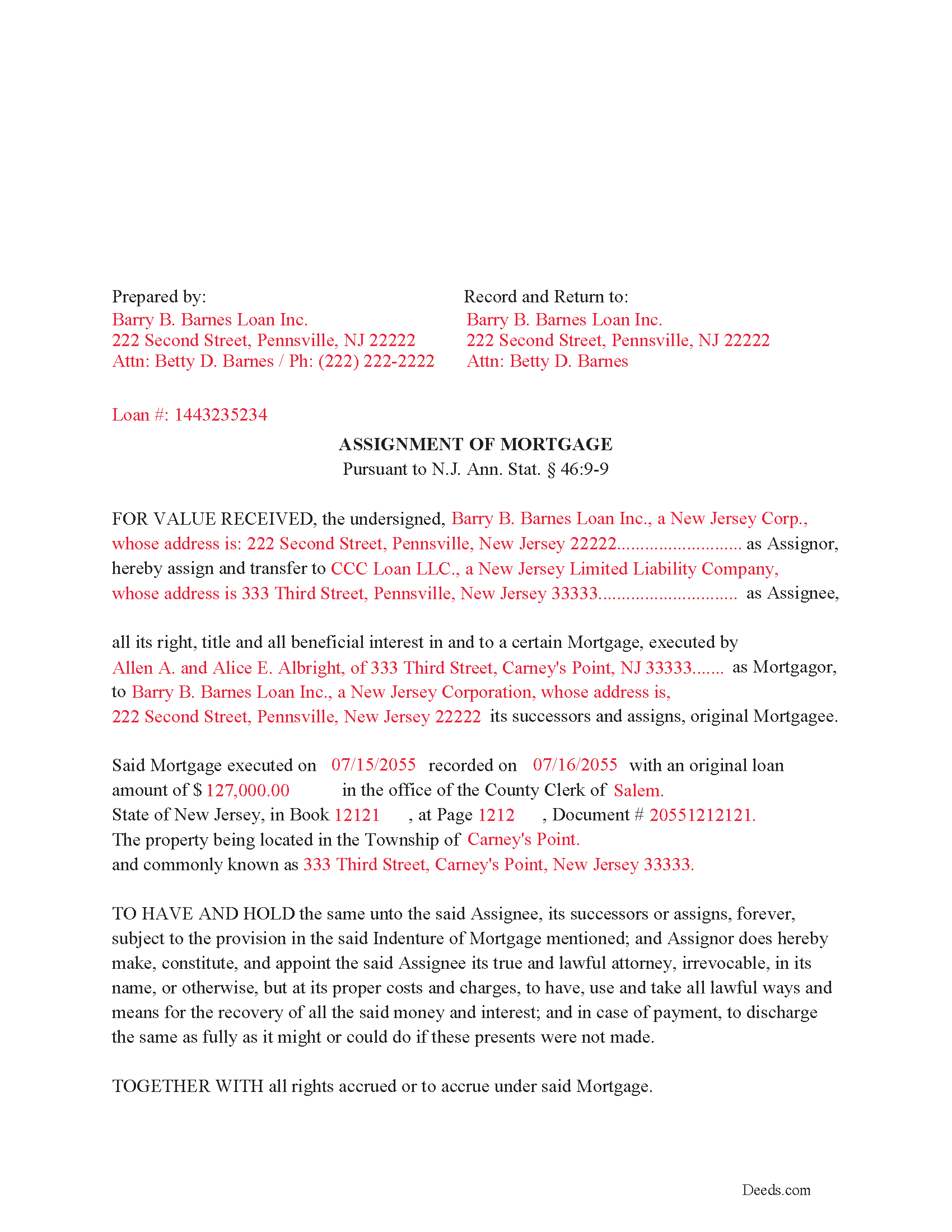 Completed Example of the Assignment of Mortgage Document